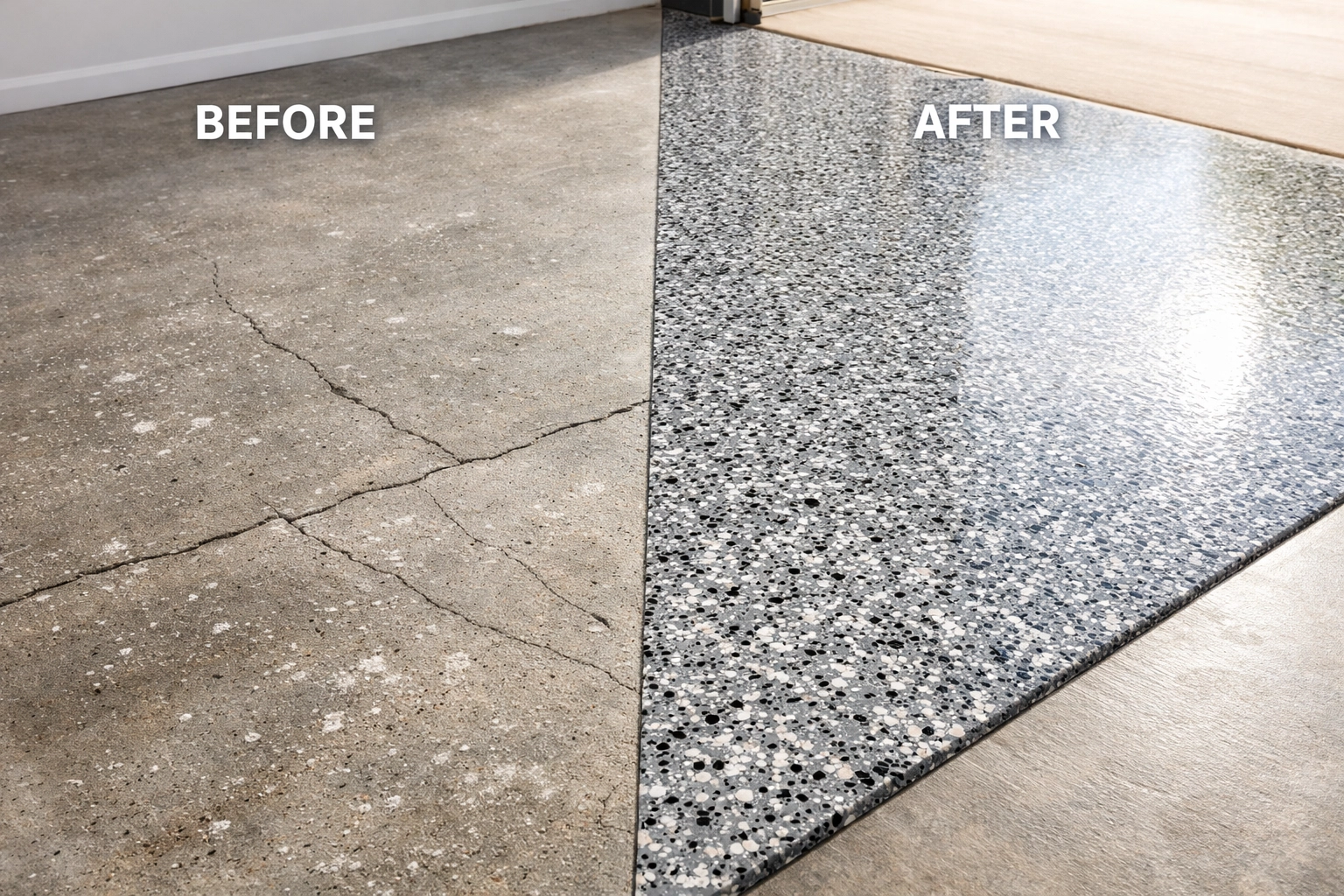 Before and after comparison of a Regina garage floor concrete repair and polyaspartic coating installation.