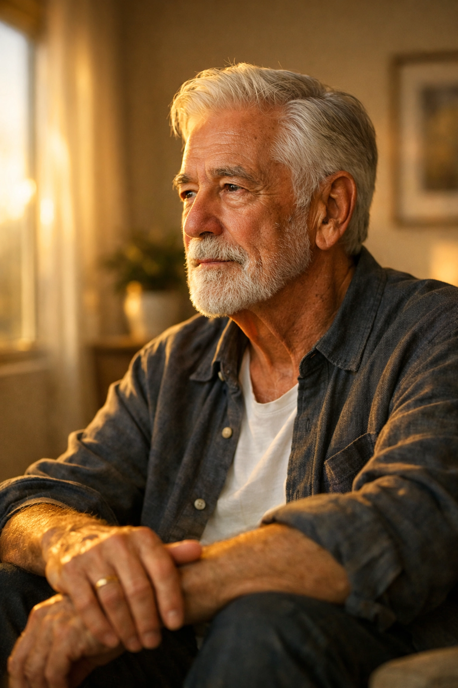 A senior gay man with silver hair reflects in a sunlit room, representing LGBTQ+ pioneers and history.