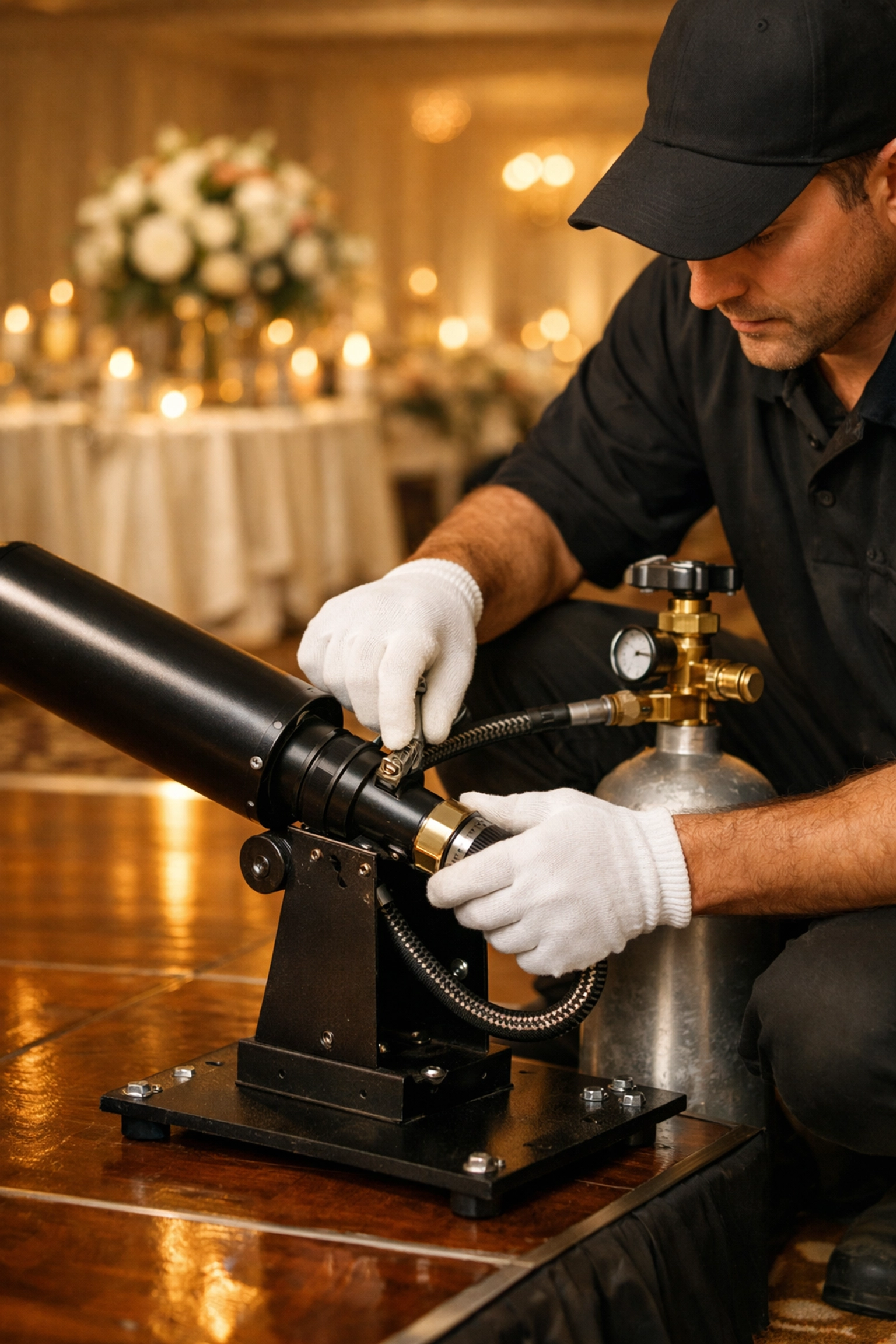 White-glove setup of a professional CO2 cannon rental at a luxury wedding reception.