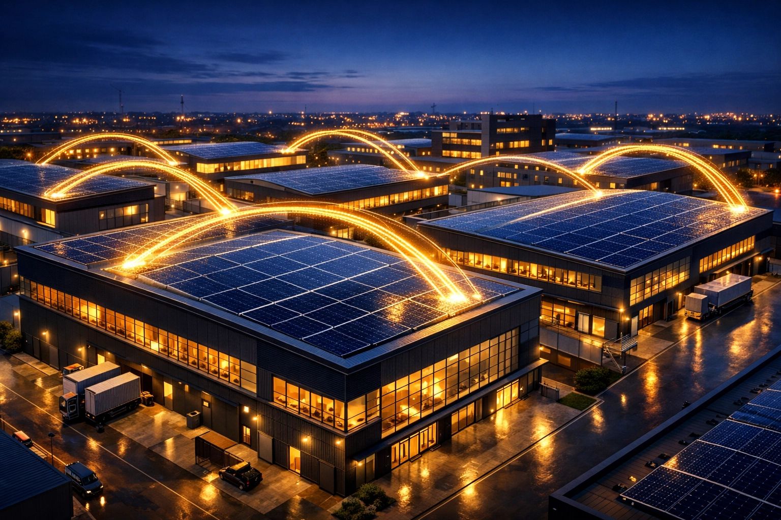 Distretto industriale con tetti fotovoltaici interconnessi per comunità energetiche rinnovabili.