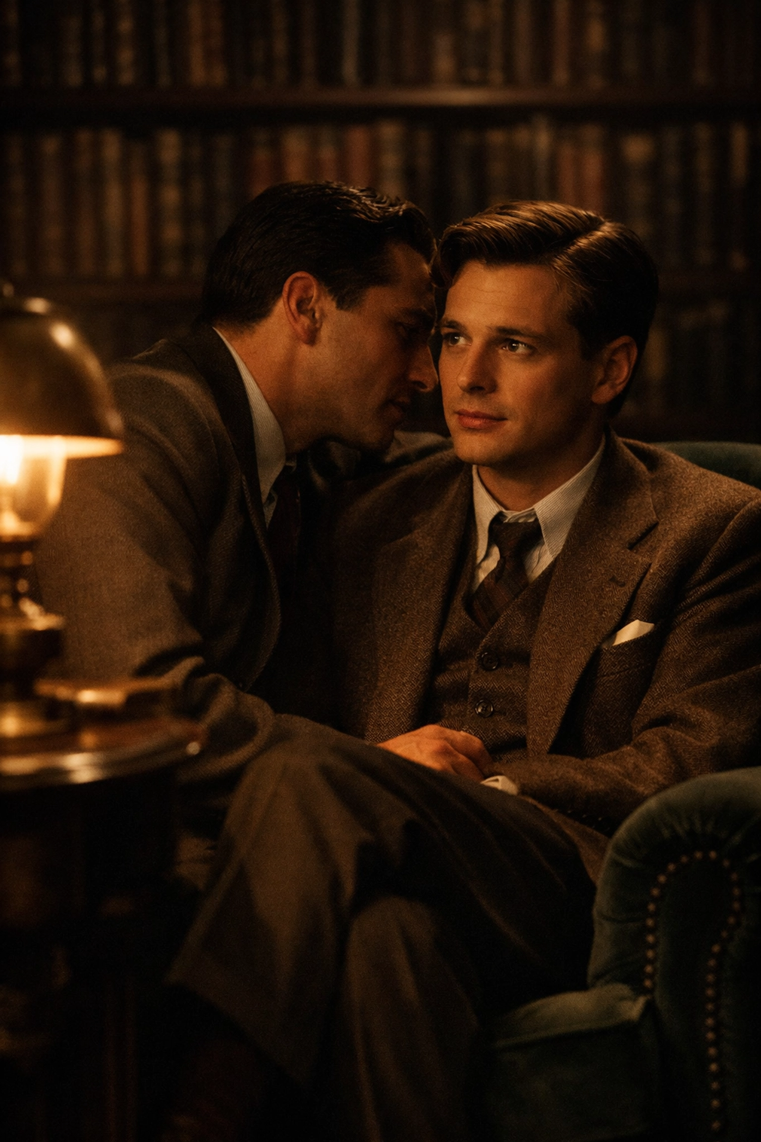 Two men in vintage suits in a library, reflecting the hidden subtext found in early gay novels and literature.