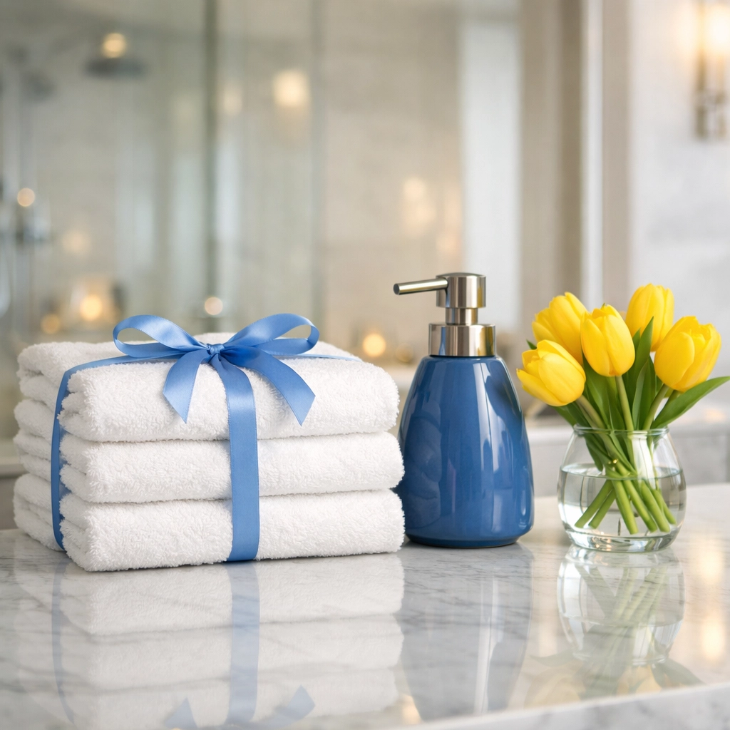 Impeccable spa-like guest bathroom in a Lunenburg home with stacked towels and marble counters.