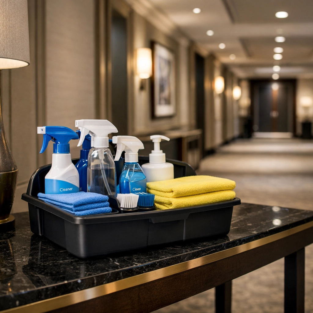 Professional cleaning supplies neatly organized in a bright, modern boutique hotel hallway.