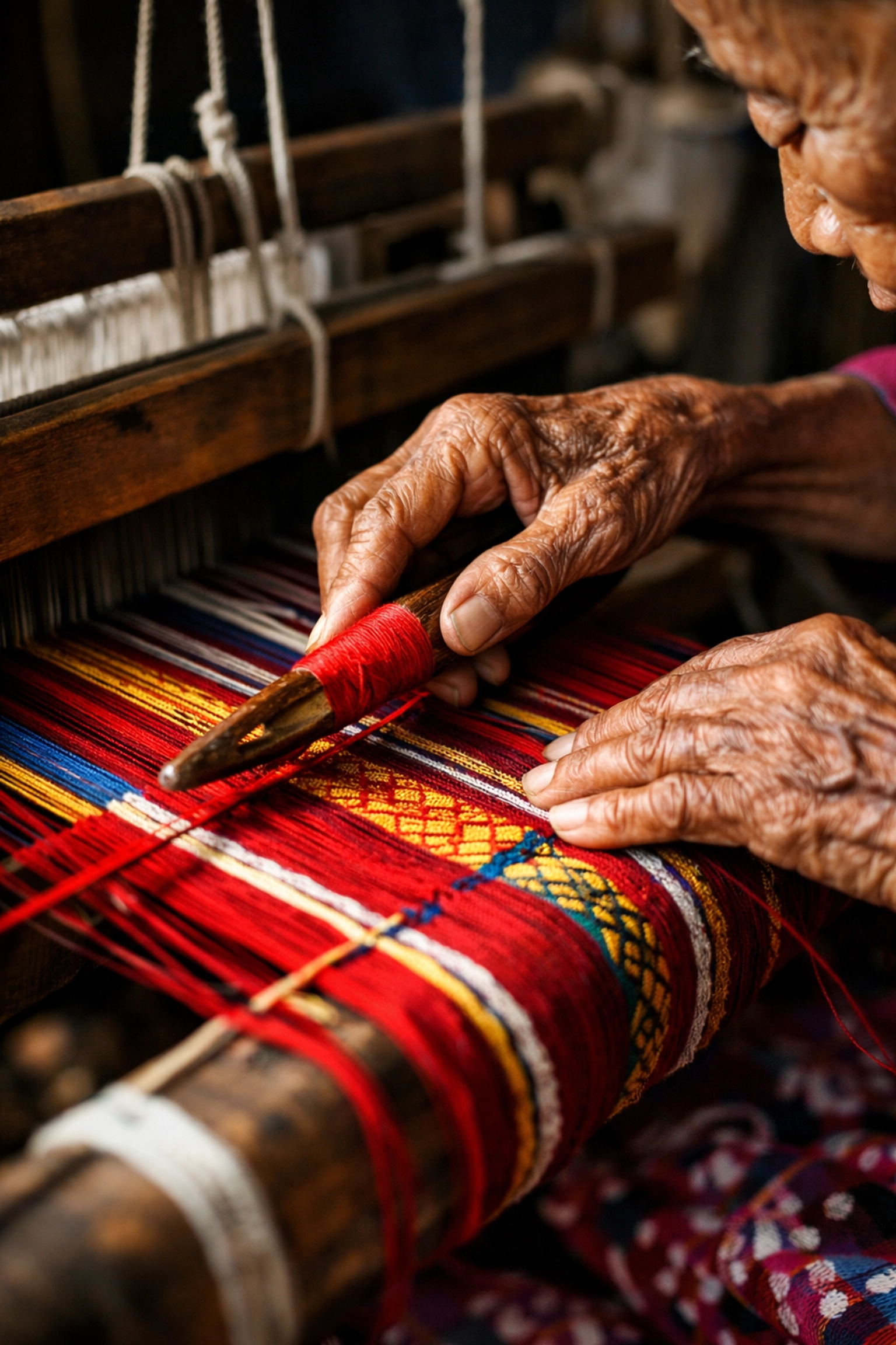 Traditional textile weaving in Myanmar - close-up documentary photography showcasing craftsmanship