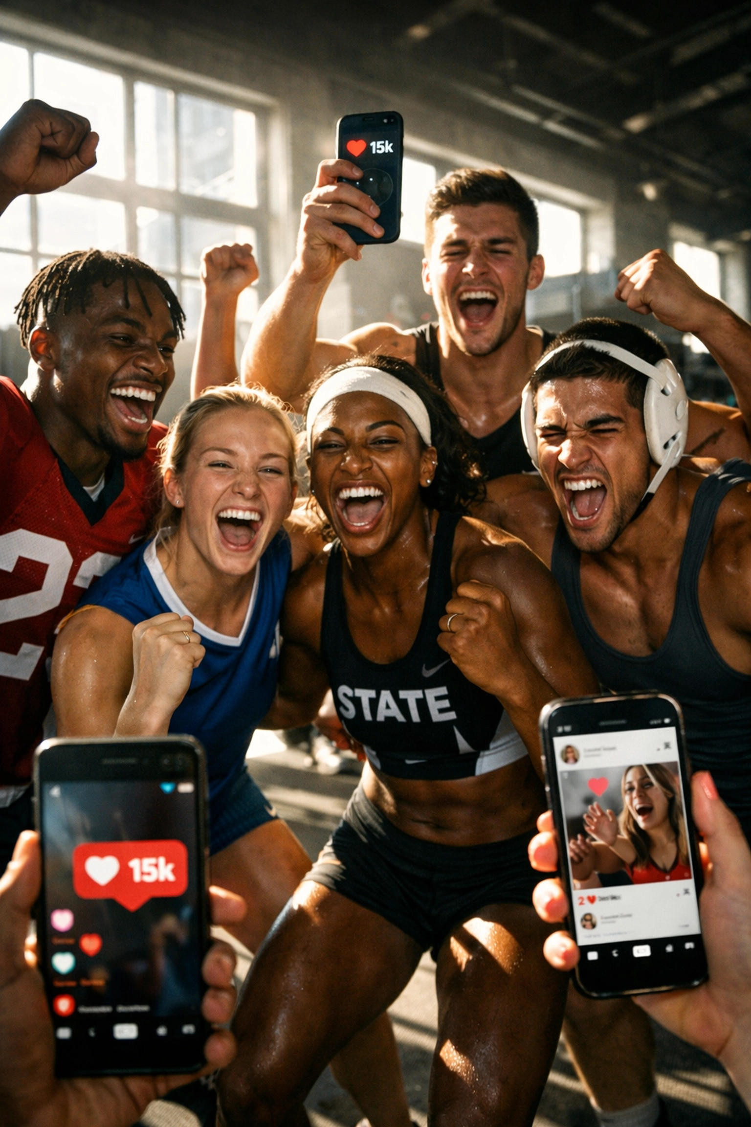 College athletes celebrating NIL partnership success in modern training facility with social engagement