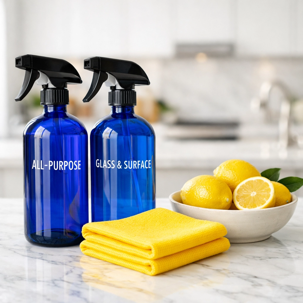 Eco-friendly move-out cleaning Worcester supplies ready for a deep cleaning session on a marble counter.