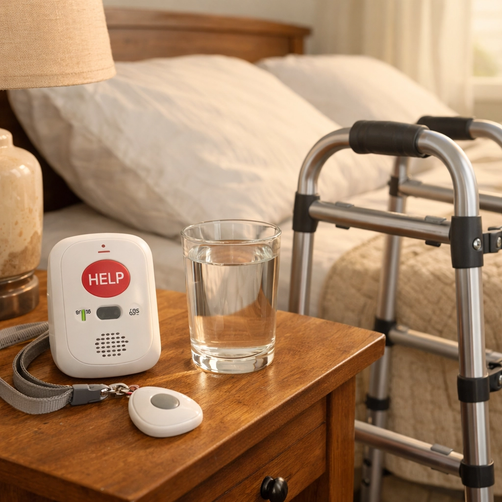 Bedside fall alarm system and walker setup for dementia patient safety