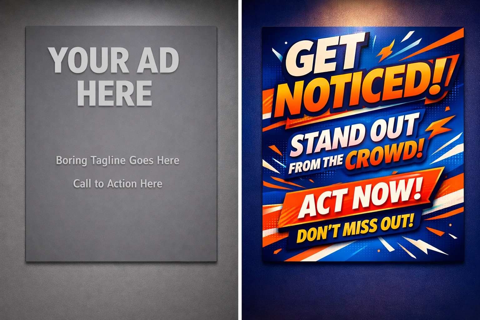 Comparison of weak versus strong Google Ads copy showing dramatic quality difference