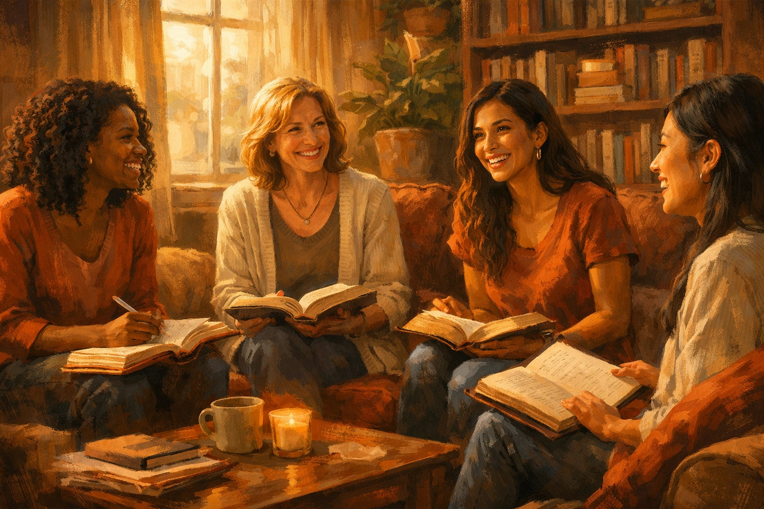 Beberapa wanita dari berbagai latar belakang sedang membaca Alkitab bersama di ruang tamu.