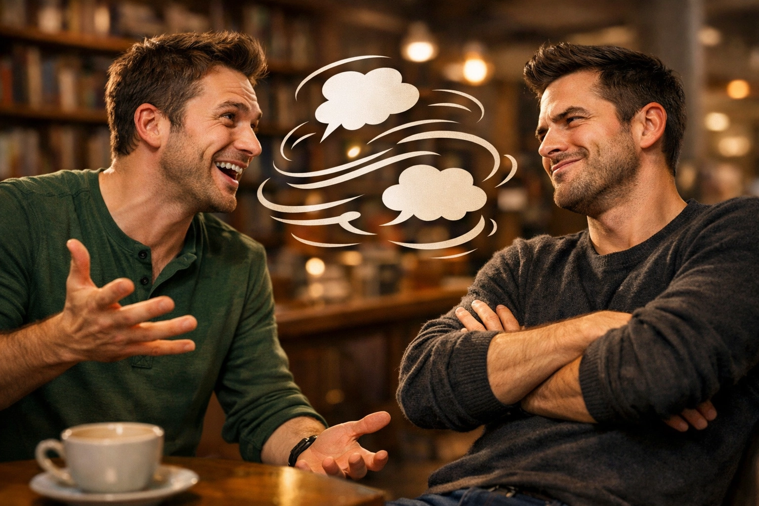 Gay romance couple engaged in witty banter showcasing enemies to lovers chemistry