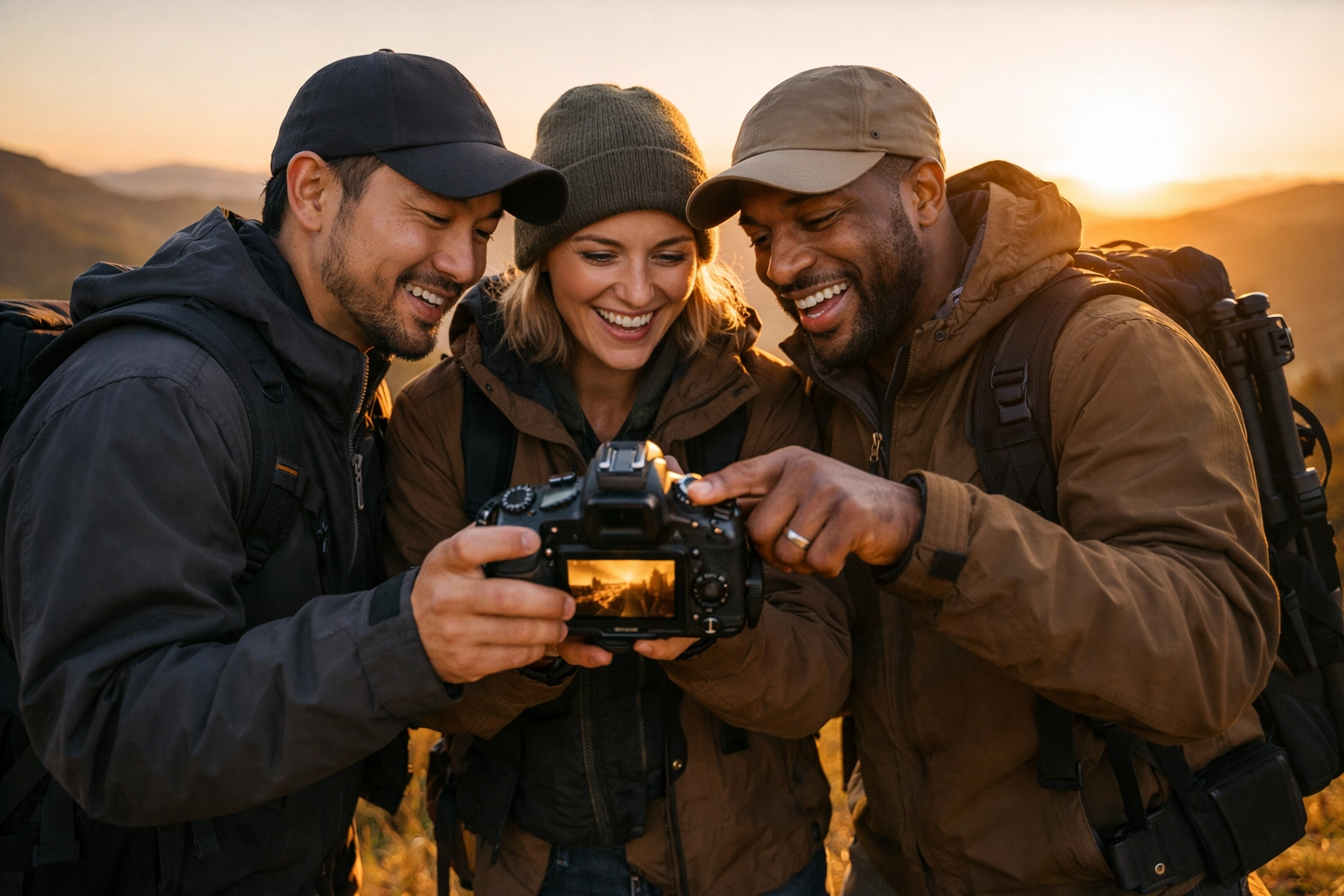 Professional photographers collaborating and reviewing shots together at a sunset photography workshop event.