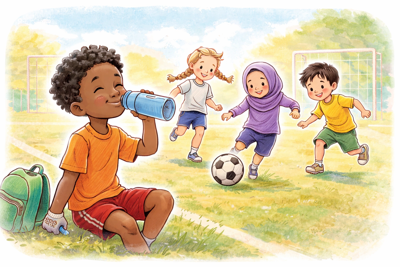 Children taking a joyful play break during soccer, showing how pauses can help prevent daytime accidents.
