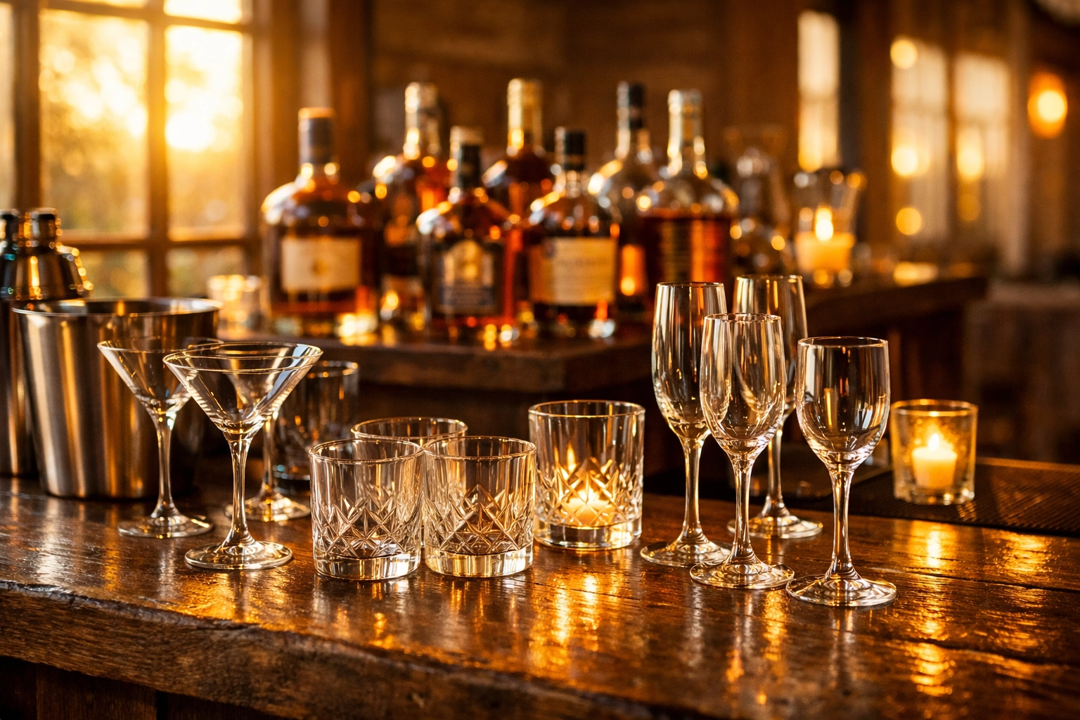 Professional bar setup with premium glassware at upscale West Texas event