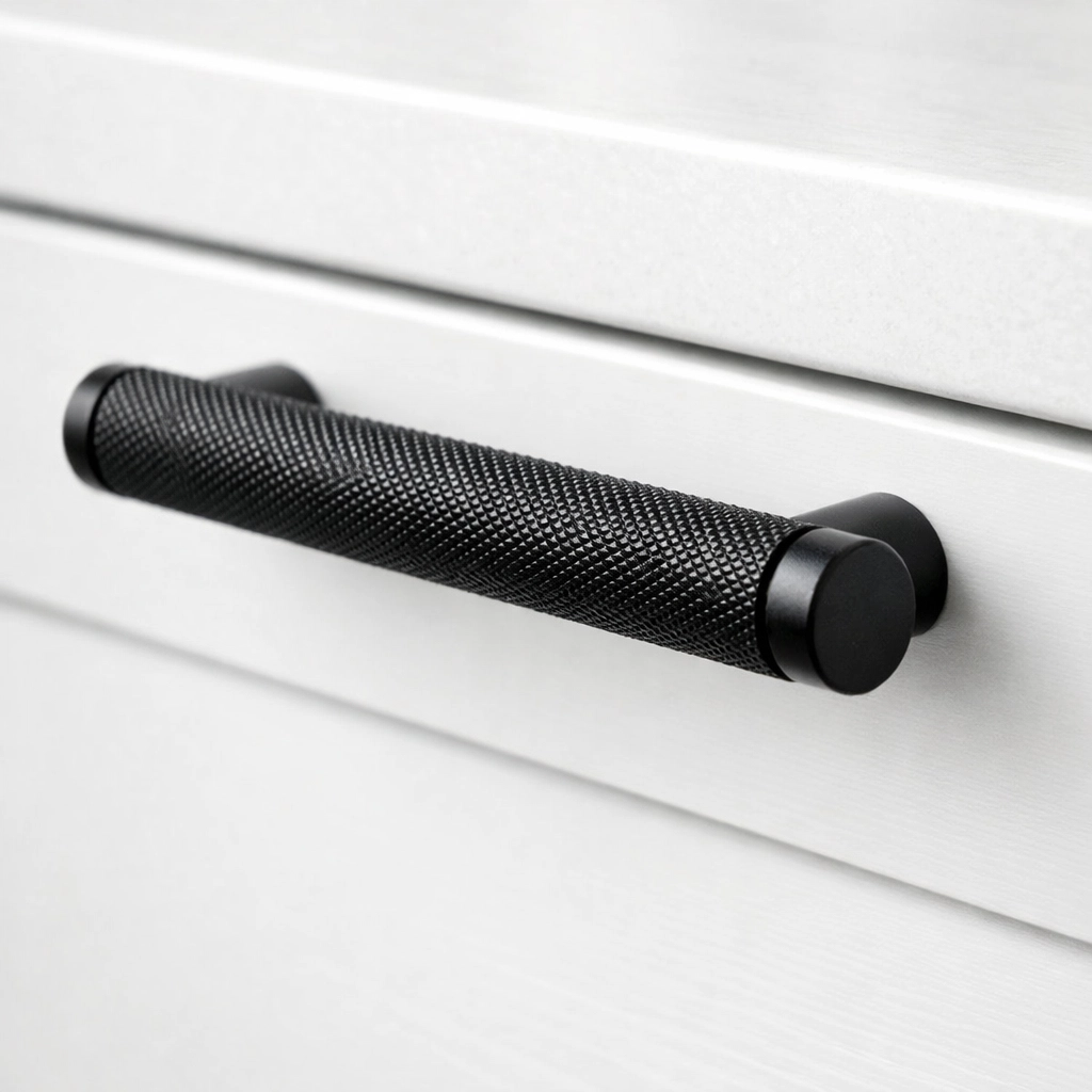 Close-up of modern matte black hardware on a white cabinet drawer for a high-end kitchen finish.