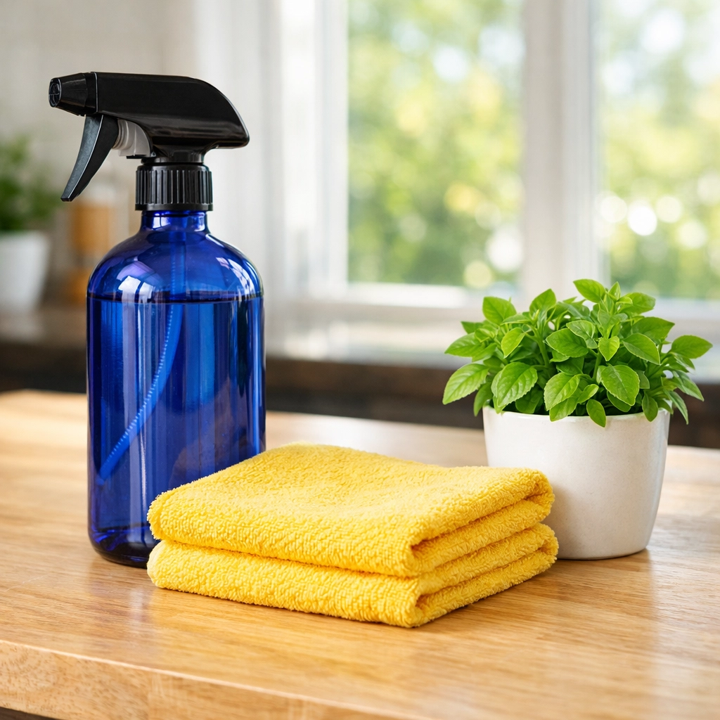 Eco-friendly house cleaning Lowell MA supplies and non-toxic products on a modern kitchen island.