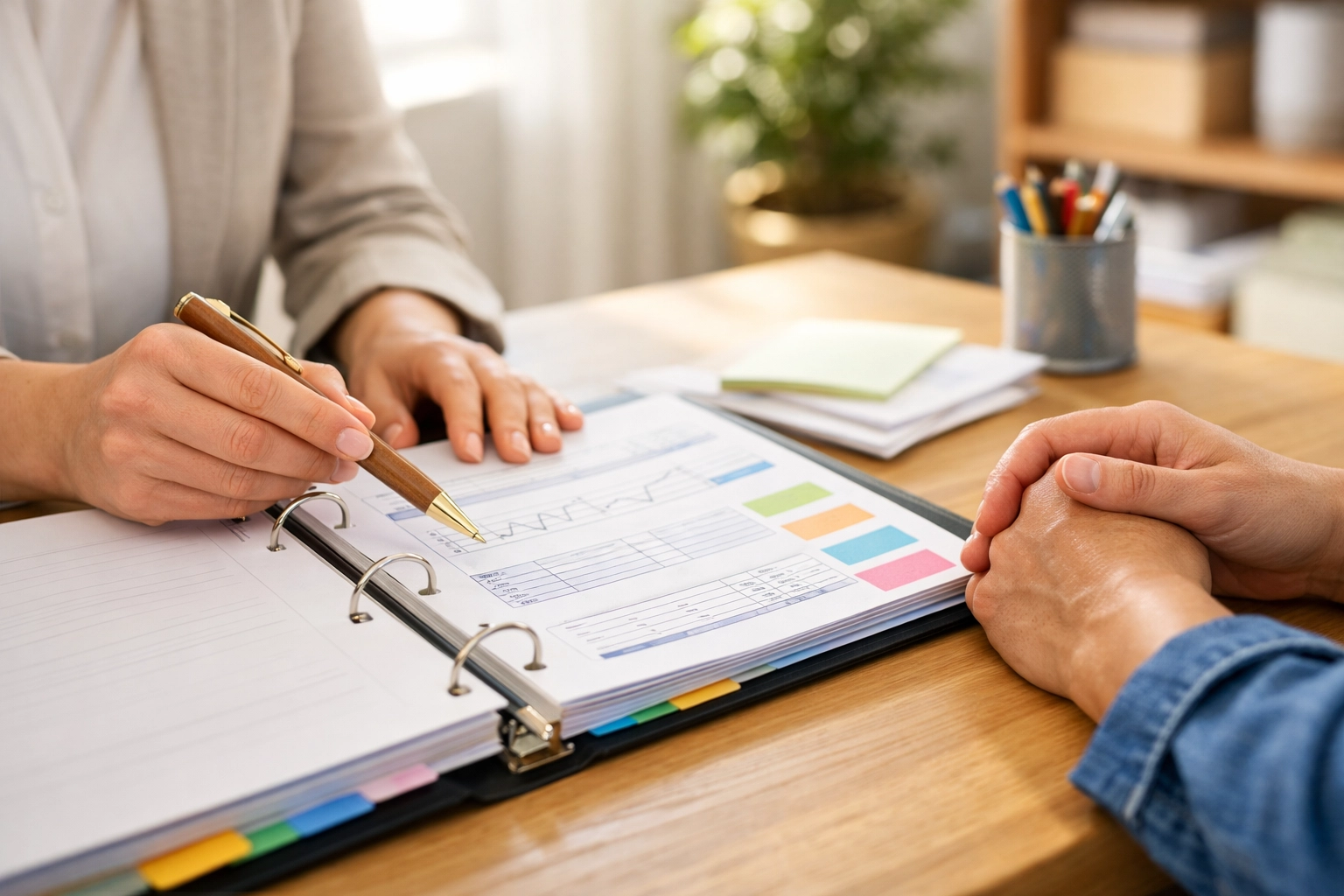 BCBA Georgia reviewing an organized ABA therapy treatment plan binder with a parent.