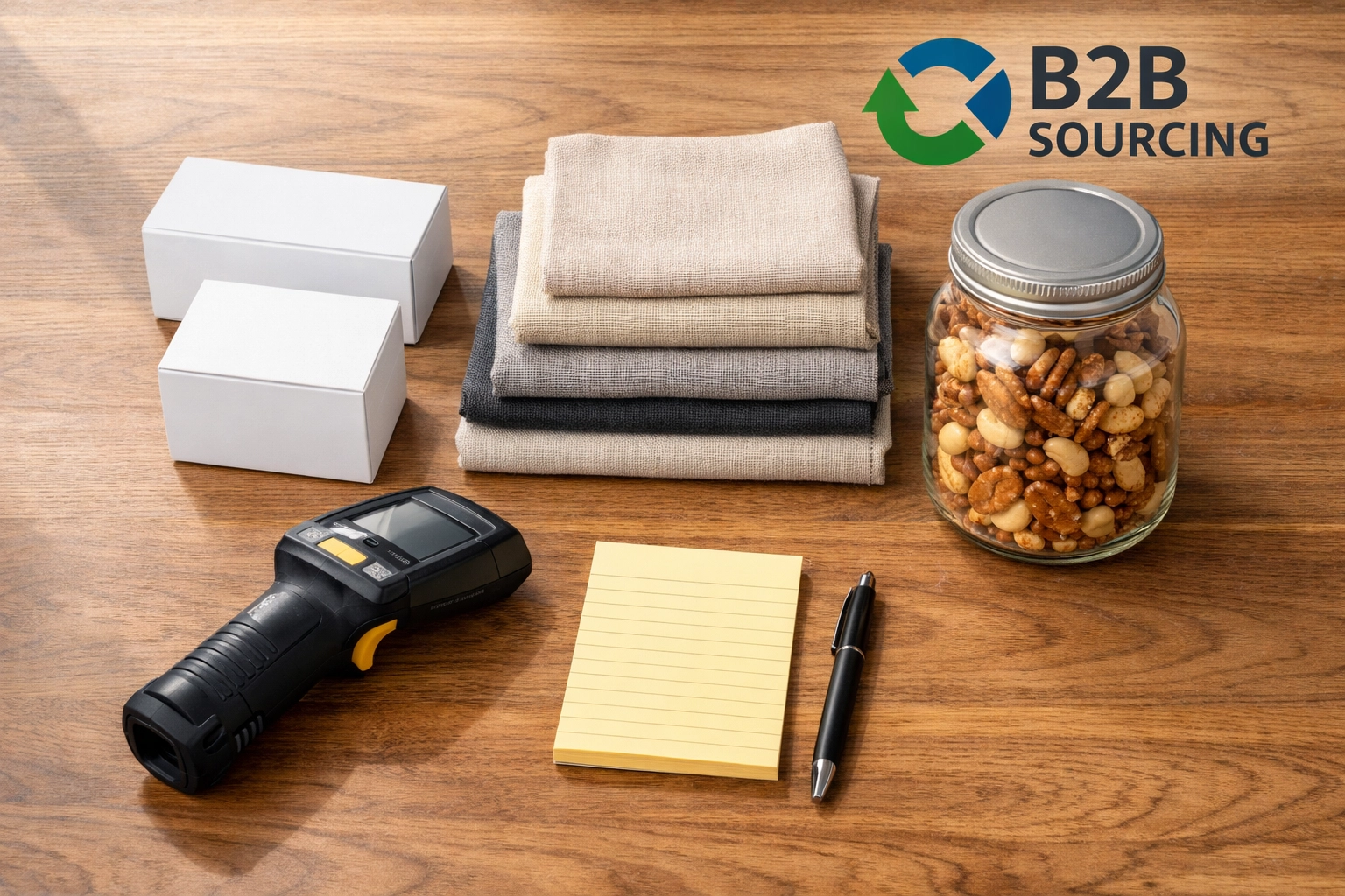 Diverse wholesale product samples and barcode scanner for B2B sourcing and inventory management.