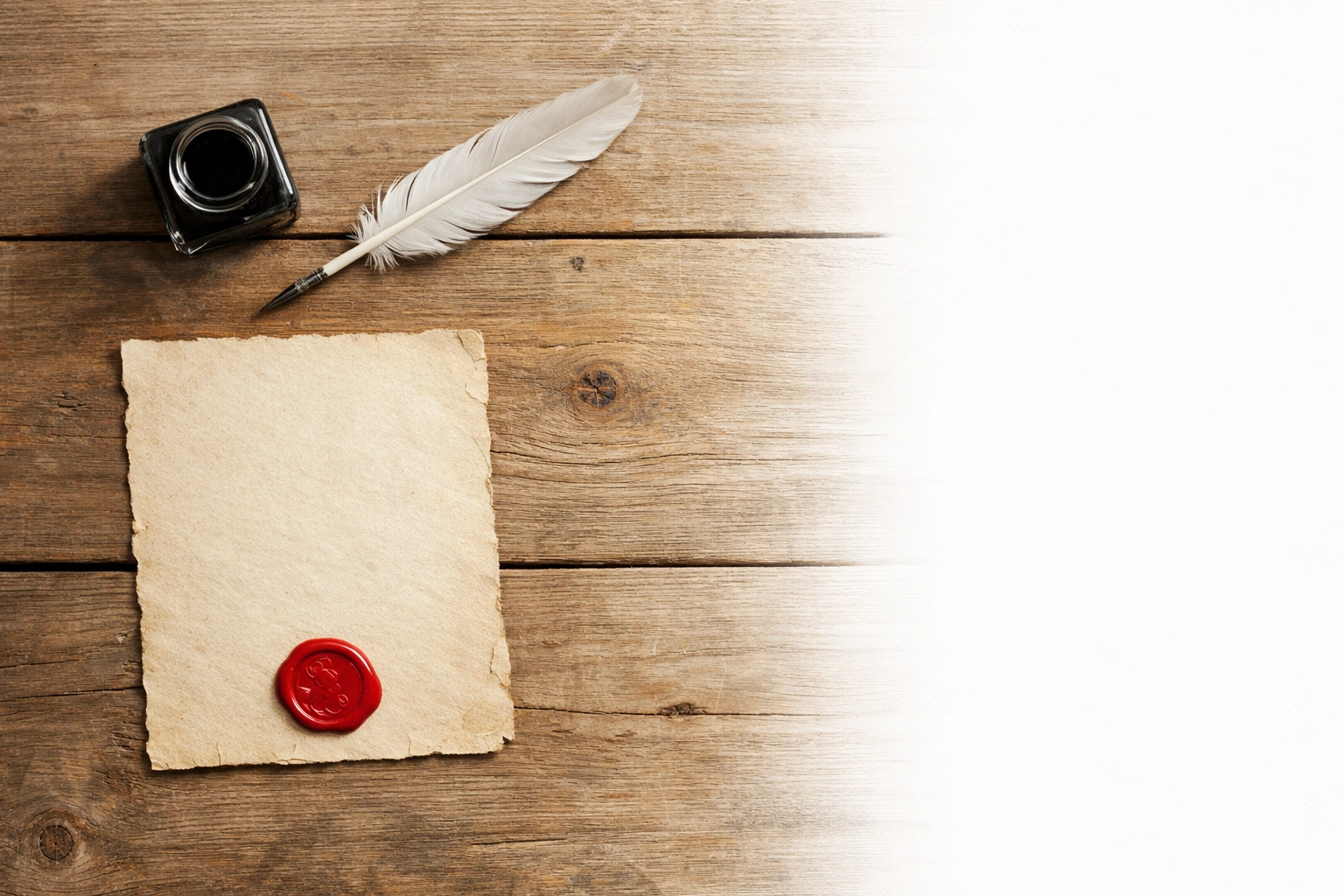 Frontier notary tools including quill pen and wax seal on wooden desk