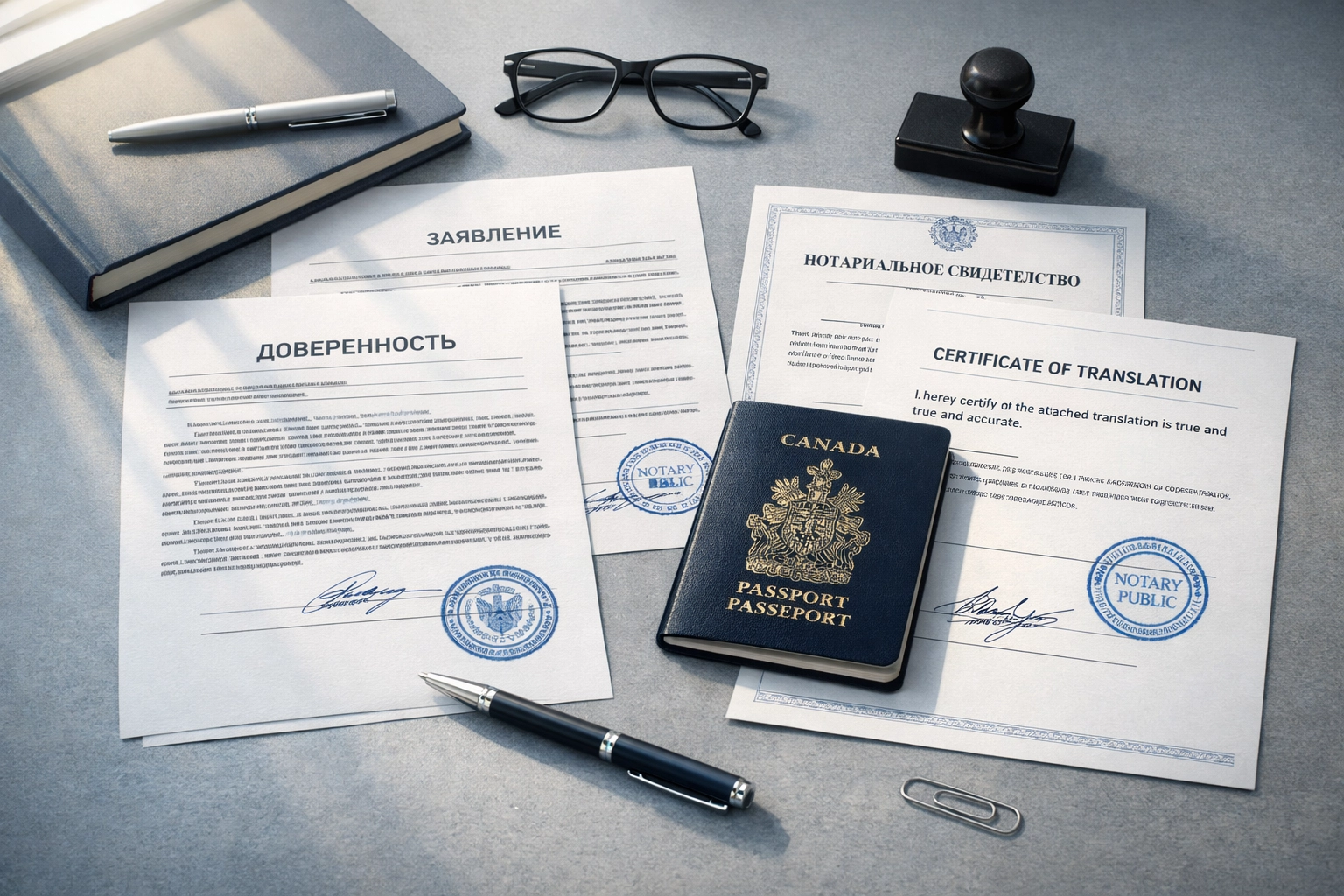 Russian police clearance documents with passport and certified translations for Canadian applicants