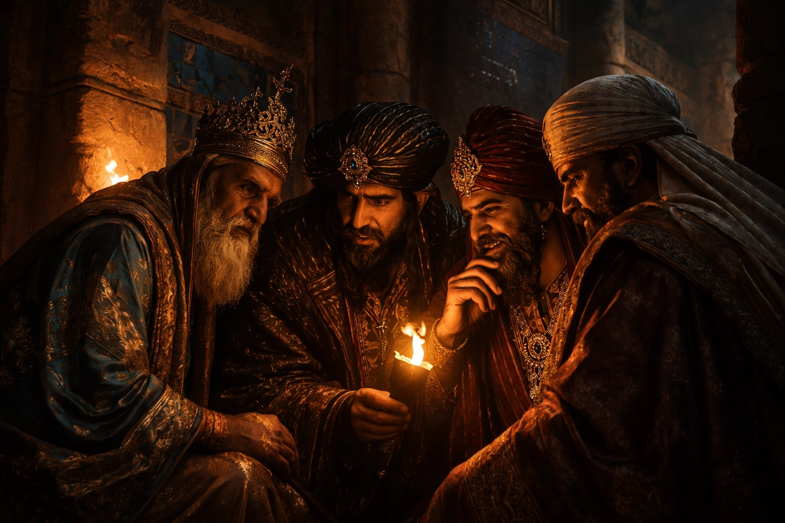 Persian palace officials in ancient robes plotting against Daniel in a dramatic biblical setting