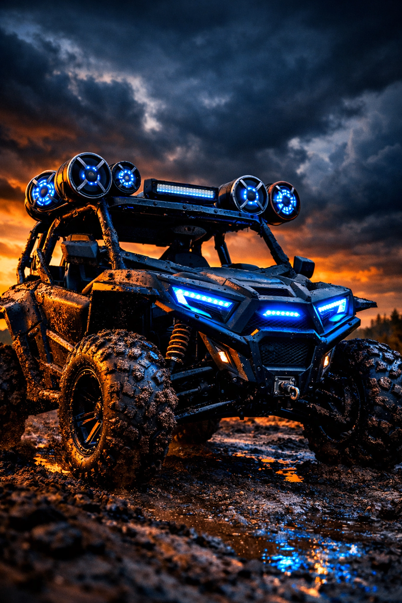 Custom ATV with marine-grade speakers and LED lighting on muddy trail