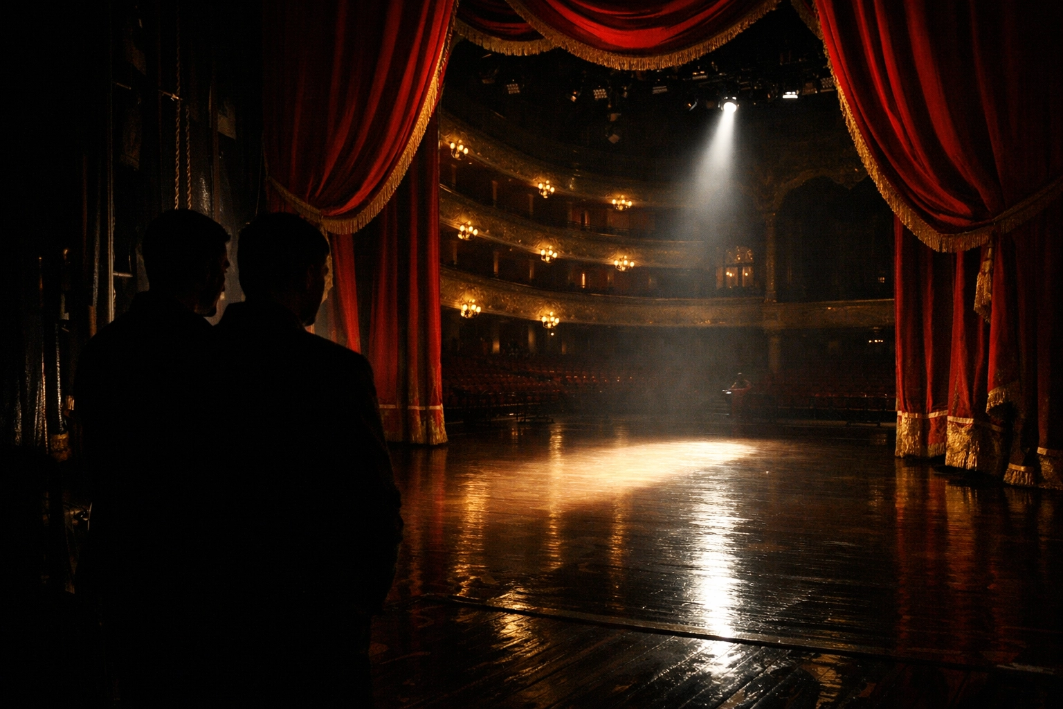 Bolshoi Theatre stage with two male dancers hiding in shadows, symbolizing secret gay relationships
