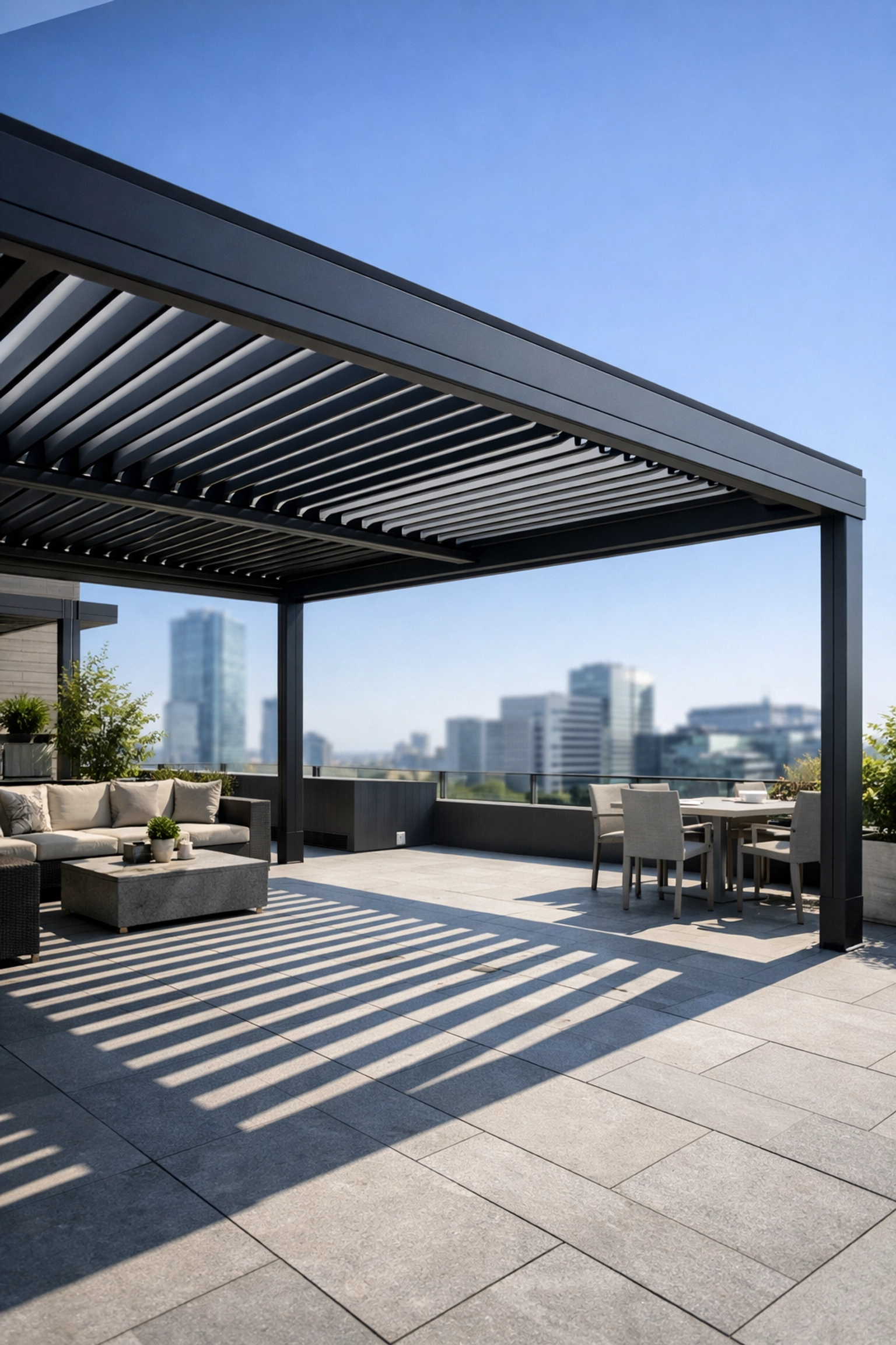 Modernes anthrazitfarbenes Lamellendach Wien auf einer Dachterrasse mit halb geöffneten Lamellen.