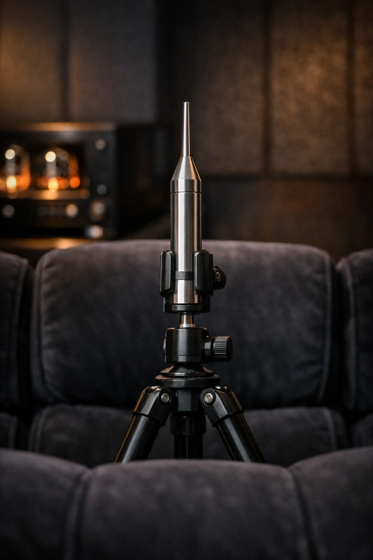 Professional audio calibration microphone used for home theatre installation to ensure crisp, clear sound.