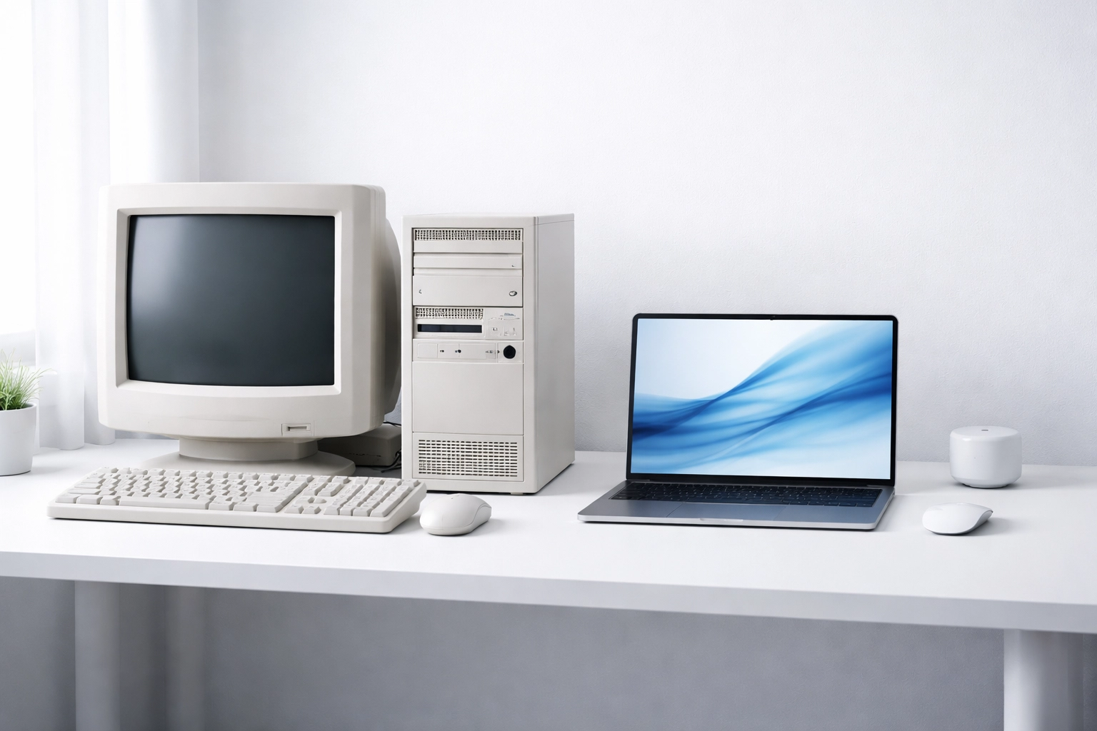 Outdated desktop computer beside new laptop illustrating technology upgrades for business IT support