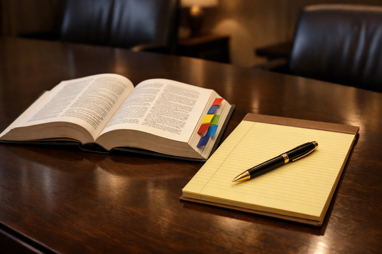 Family law consultation desk setup with an open law book, notepad, and pen in a professional office