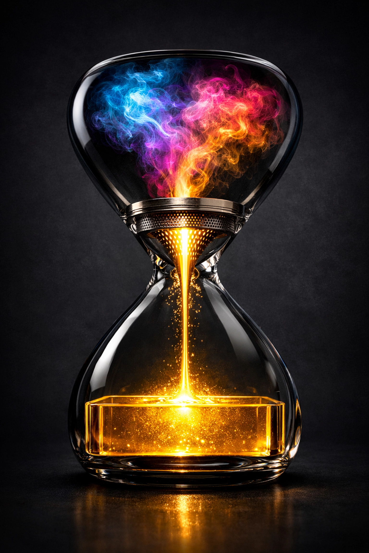 An hourglass filtering chaotic energy into liquid gold, representing the conversion of leads into revenue.