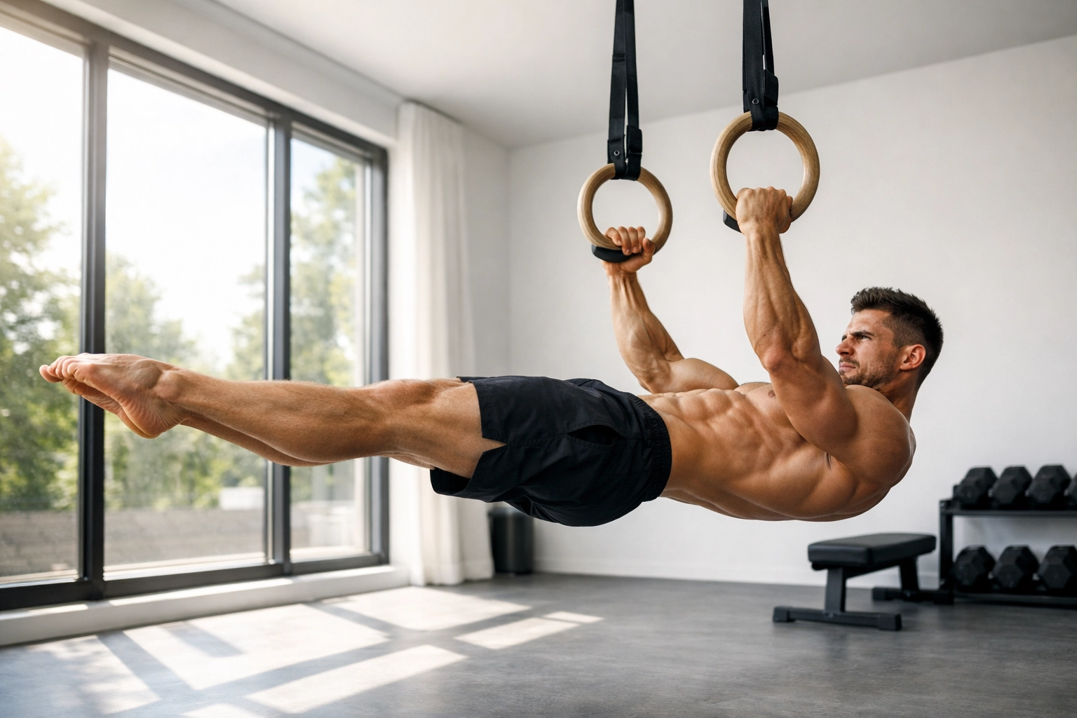 Athlete performing advanced calisthenics movement on gymnastic rings in minimalist home gym setup