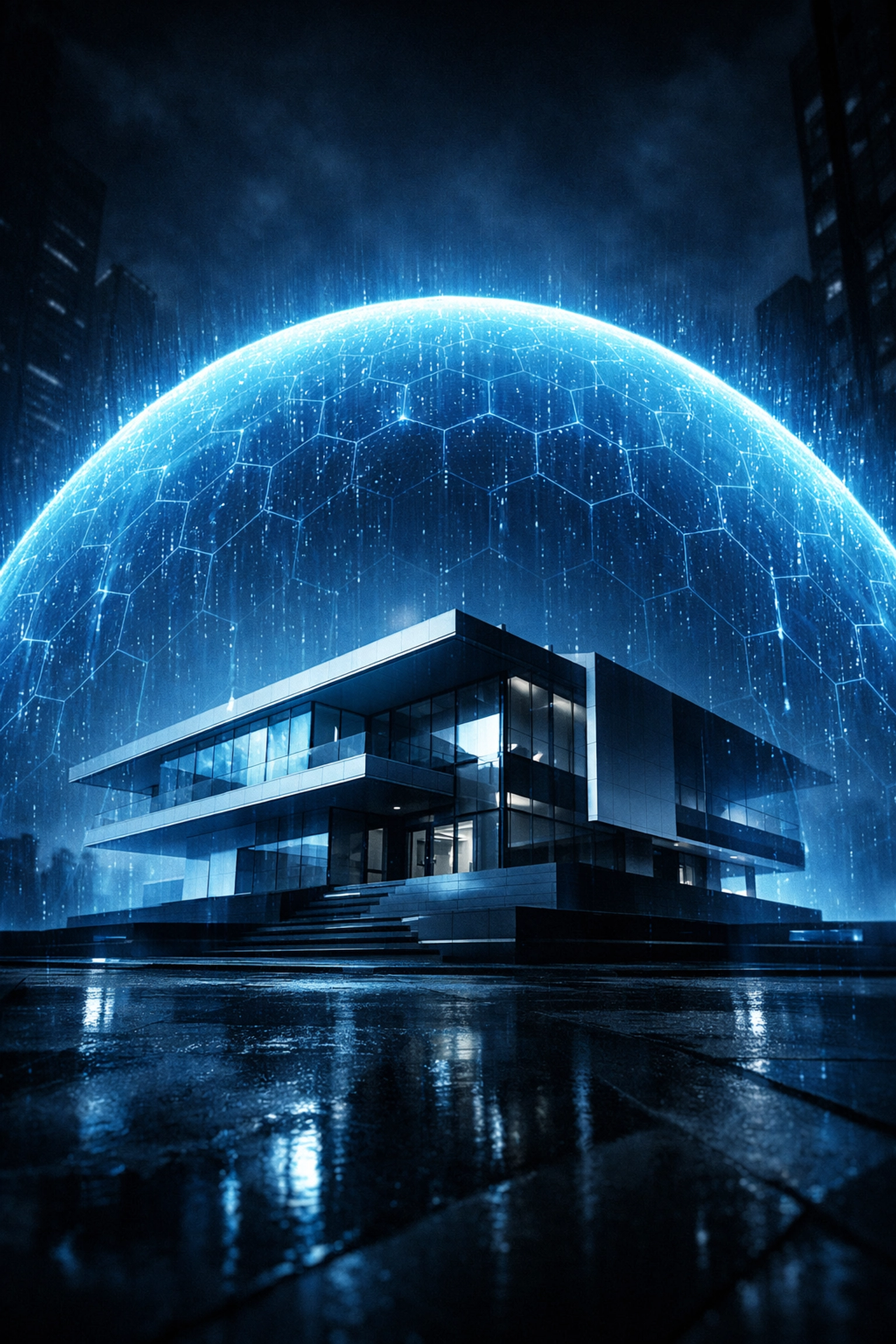 Holographic dome protecting a building representing a professional security safety net for websites.