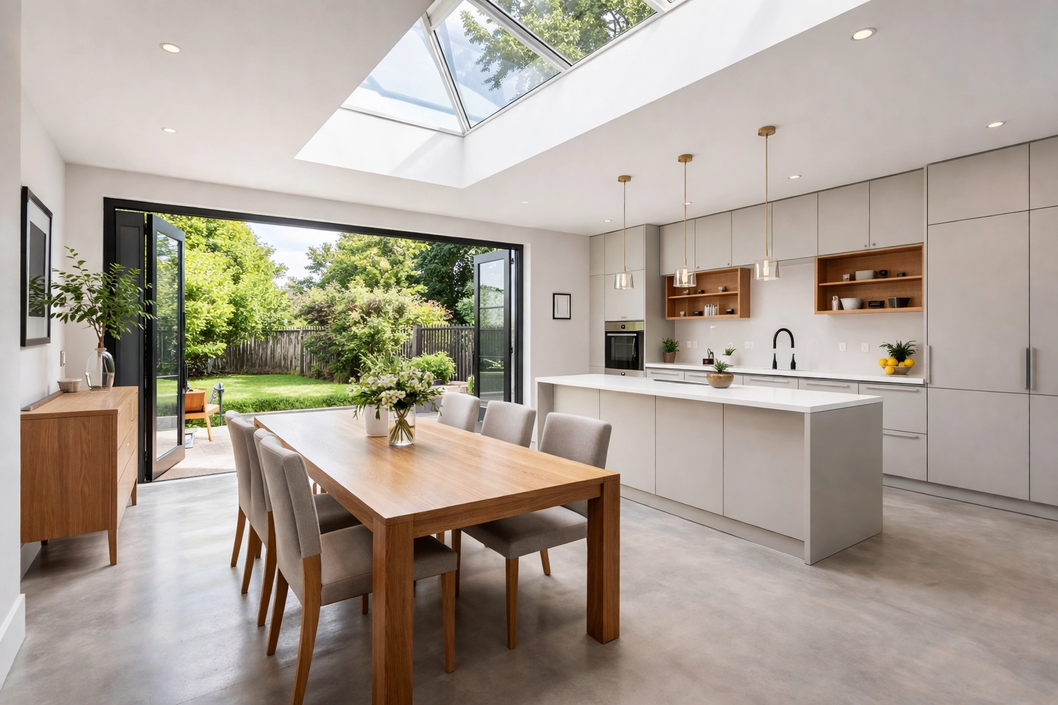 Completed open-plan kitchen-diner extension with bi-fold doors in Walthamstow semi-detached home