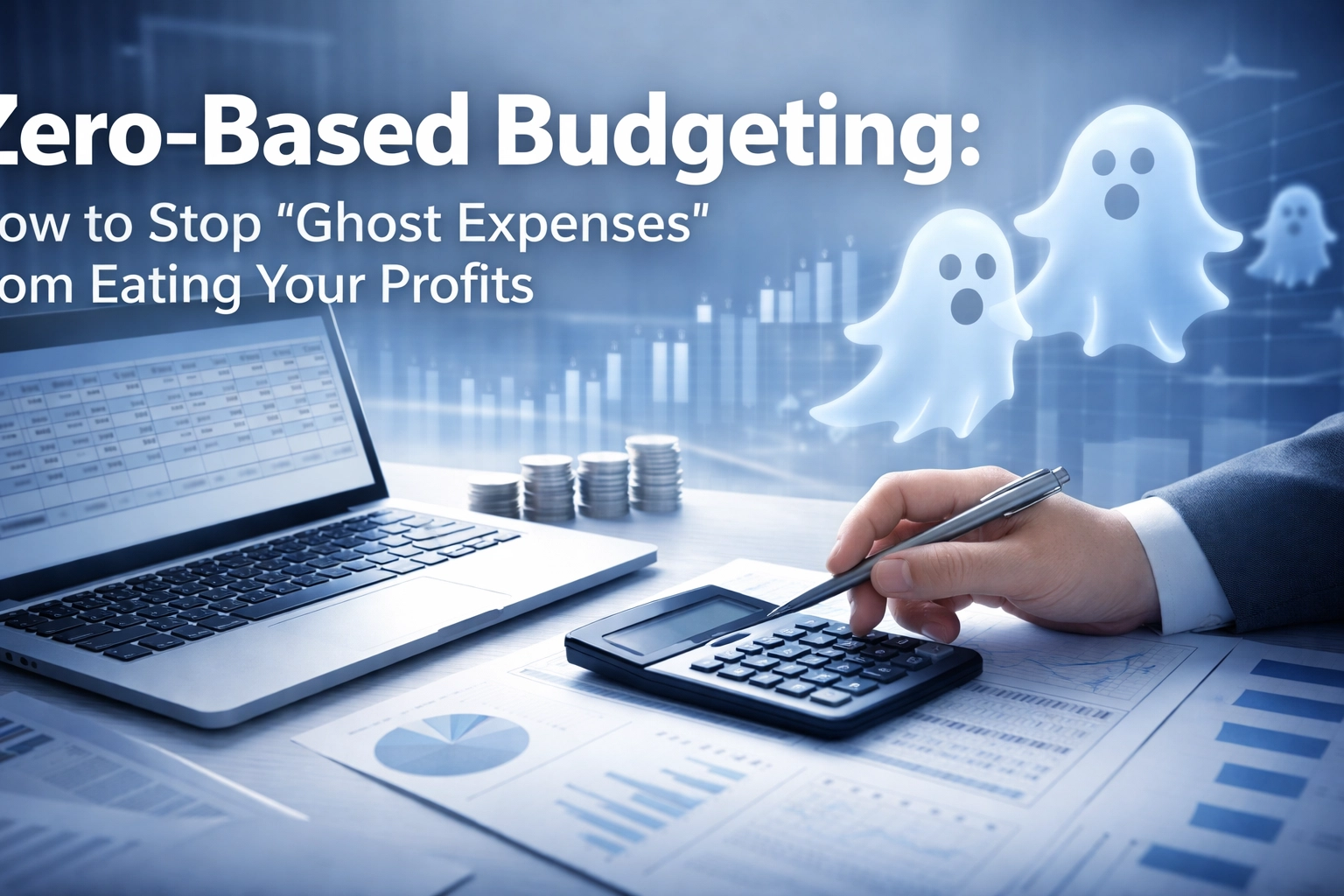 Ghostly dollar signs floating away from a business owner's desk