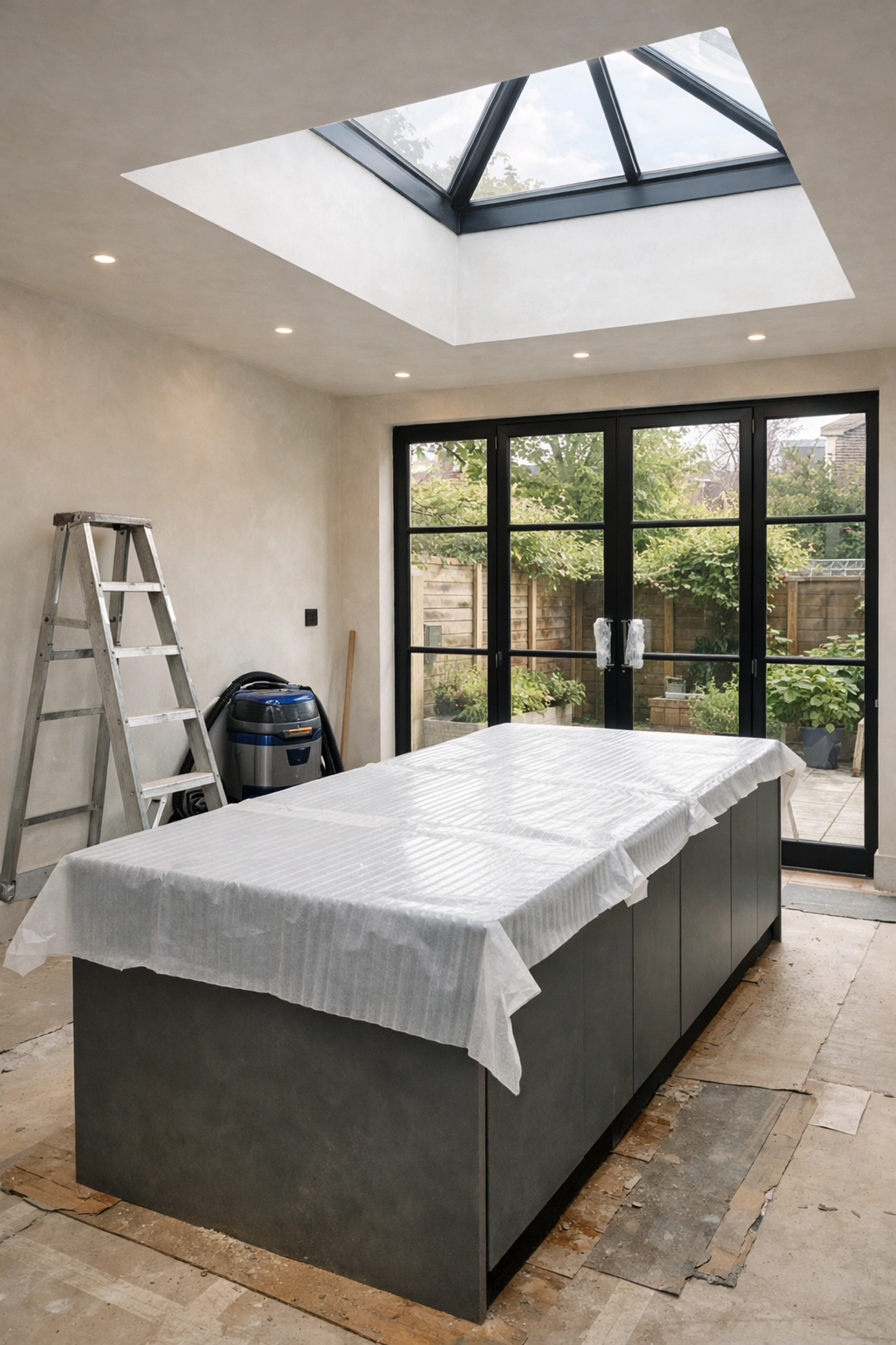 Premium kitchen extension in North London with Crittall-style doors and a glass roof lantern.