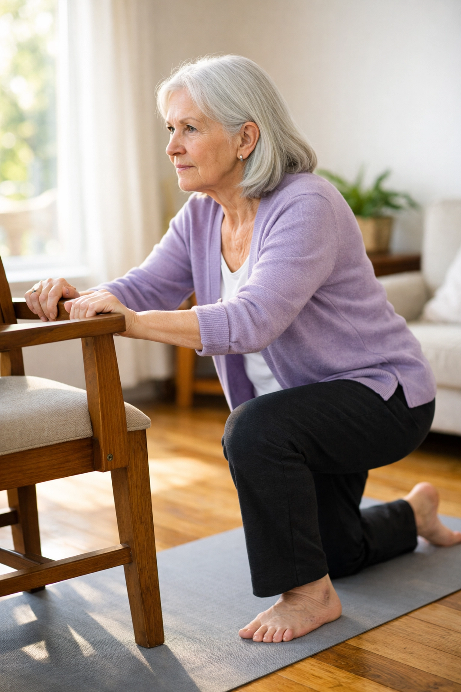 Senior woman in half-kneeling position using chair support to stand after fall