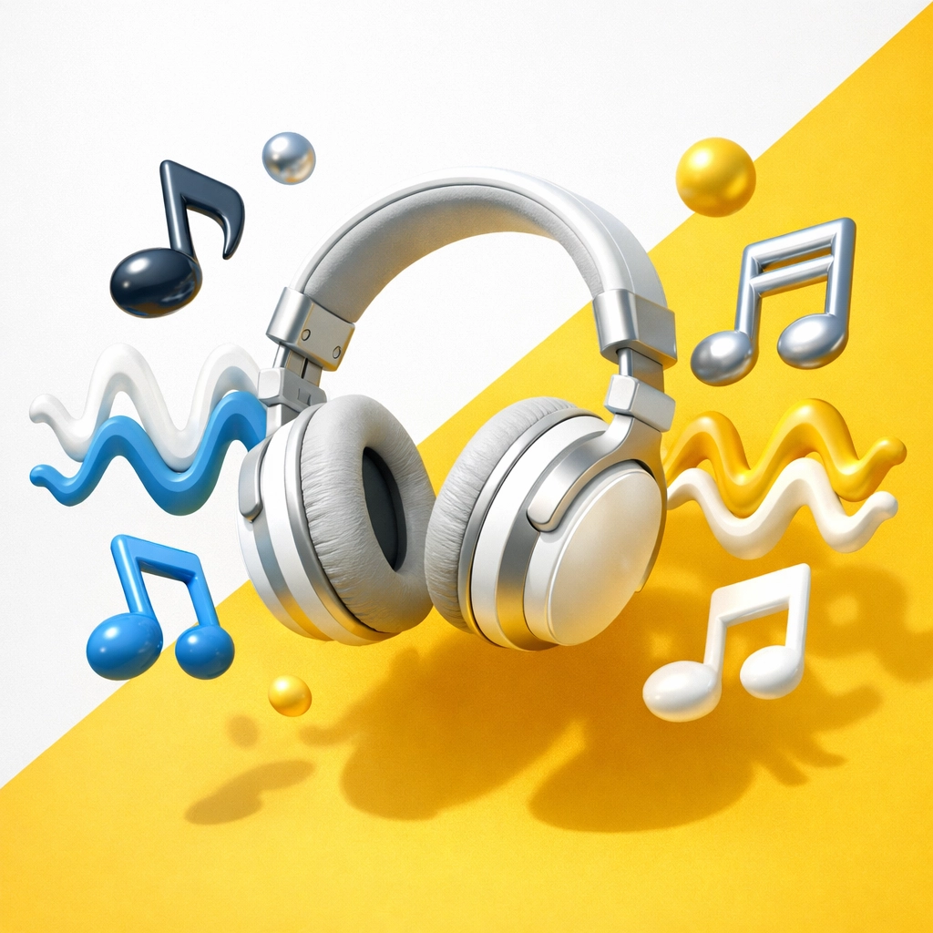 Headphones and musical notes symbolizing new folk and indie radio tracks for listeners in Kent.