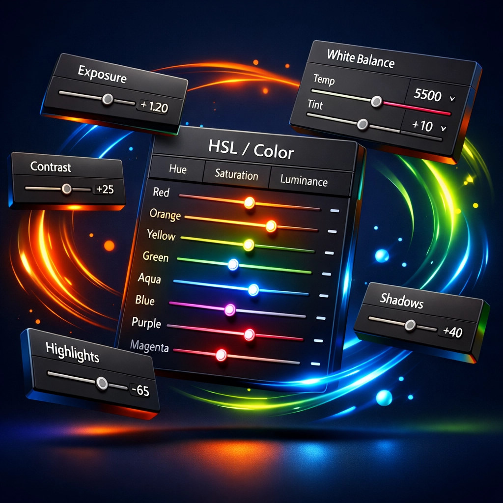 Lightroom HSL color panel and adjustment controls for precise photo editing