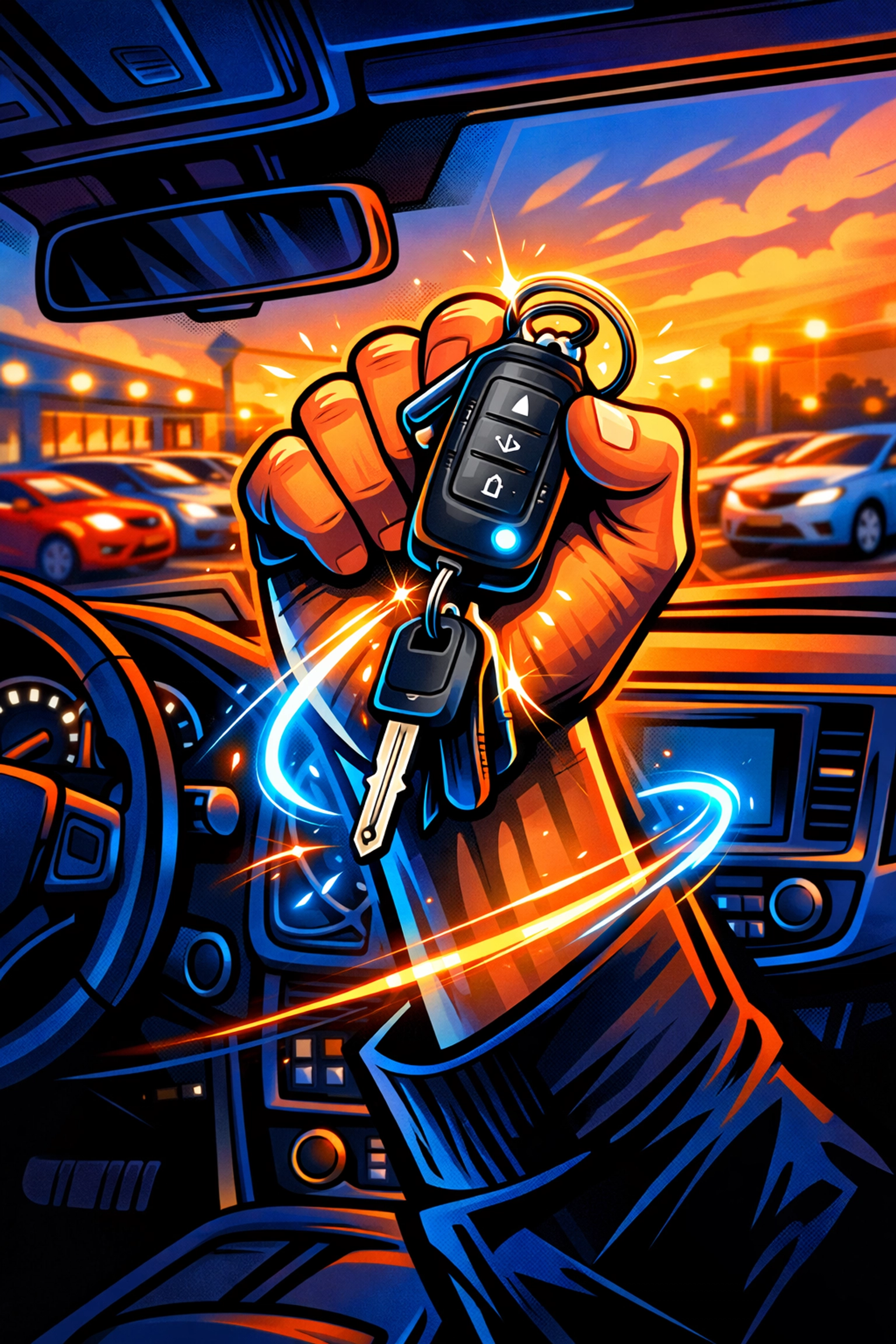 A hand holding car keys inside a new vehicle after a Sign and Drive approval in Arnold, Missouri.