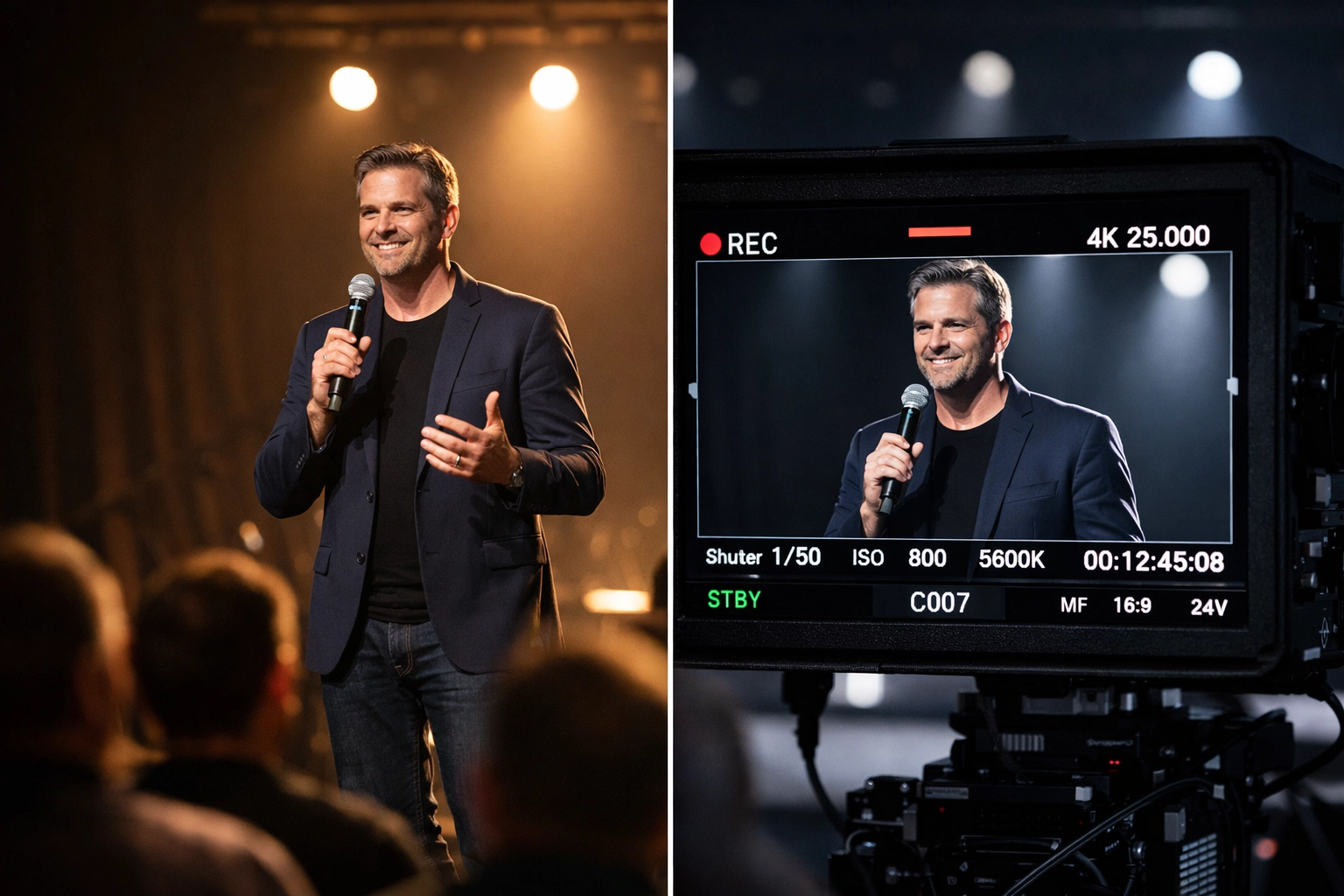 Comparison of stage lighting as seen by the eye versus a digital camera monitor during a church service.