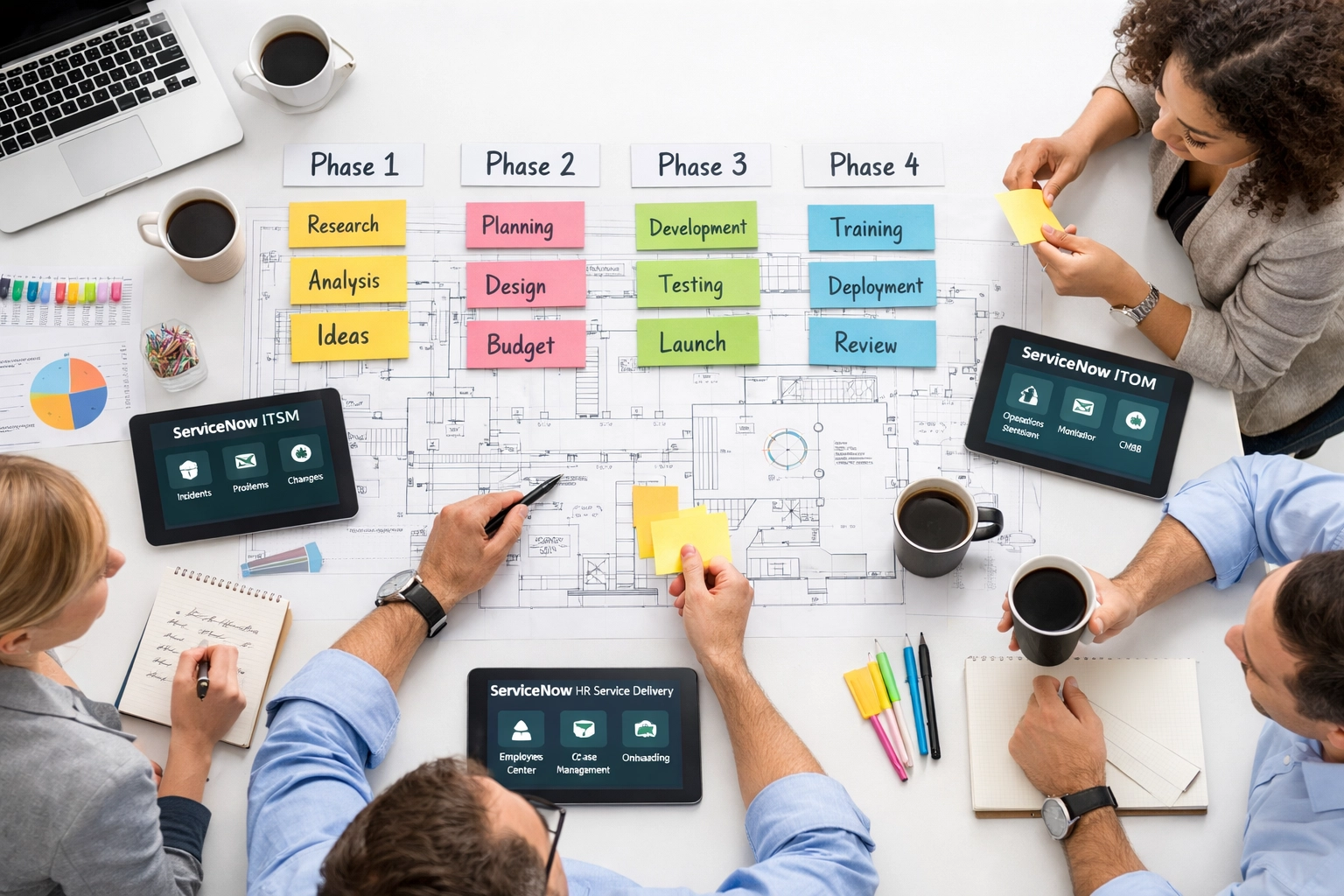 ServiceNow implementation planning session with strategic roadmap diagrams