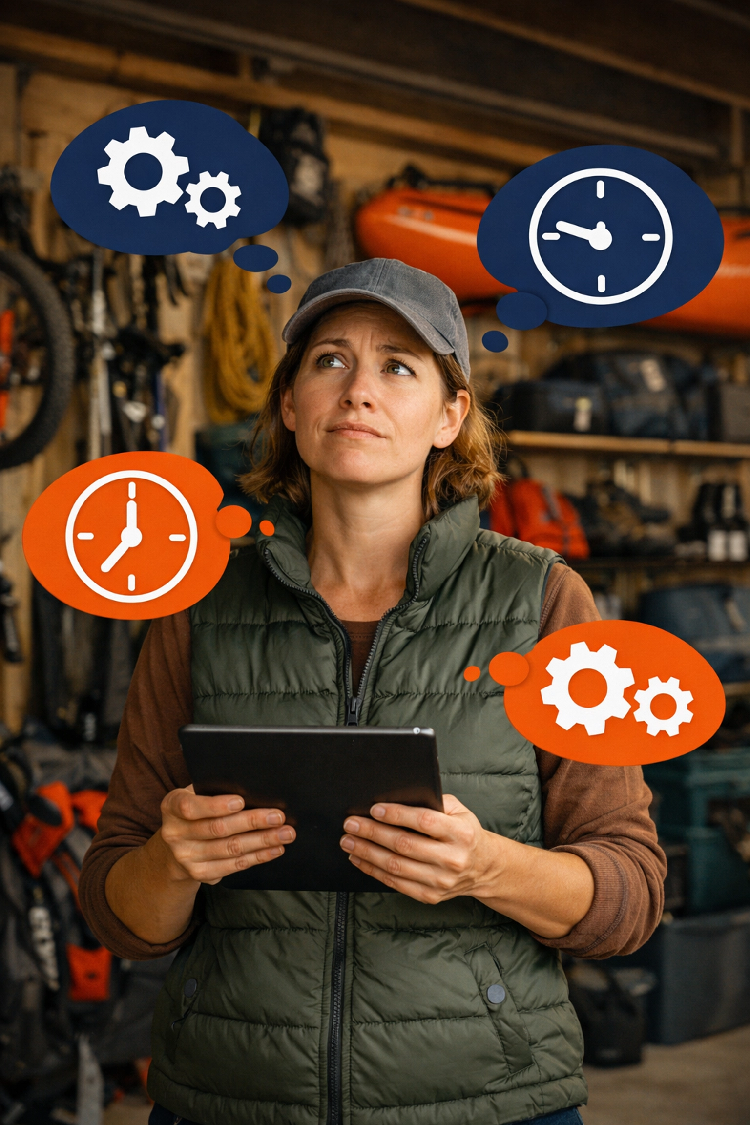 A person managing a cluttered garage, representing the mental load of ownership and maintenance.