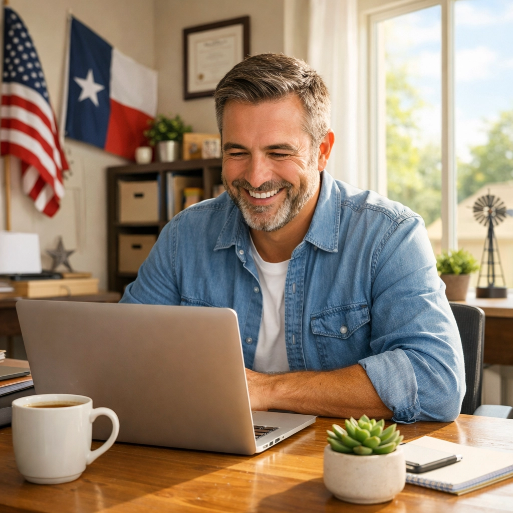 A happy Texas small business owner reviewing their affordable website in a bright home office.
