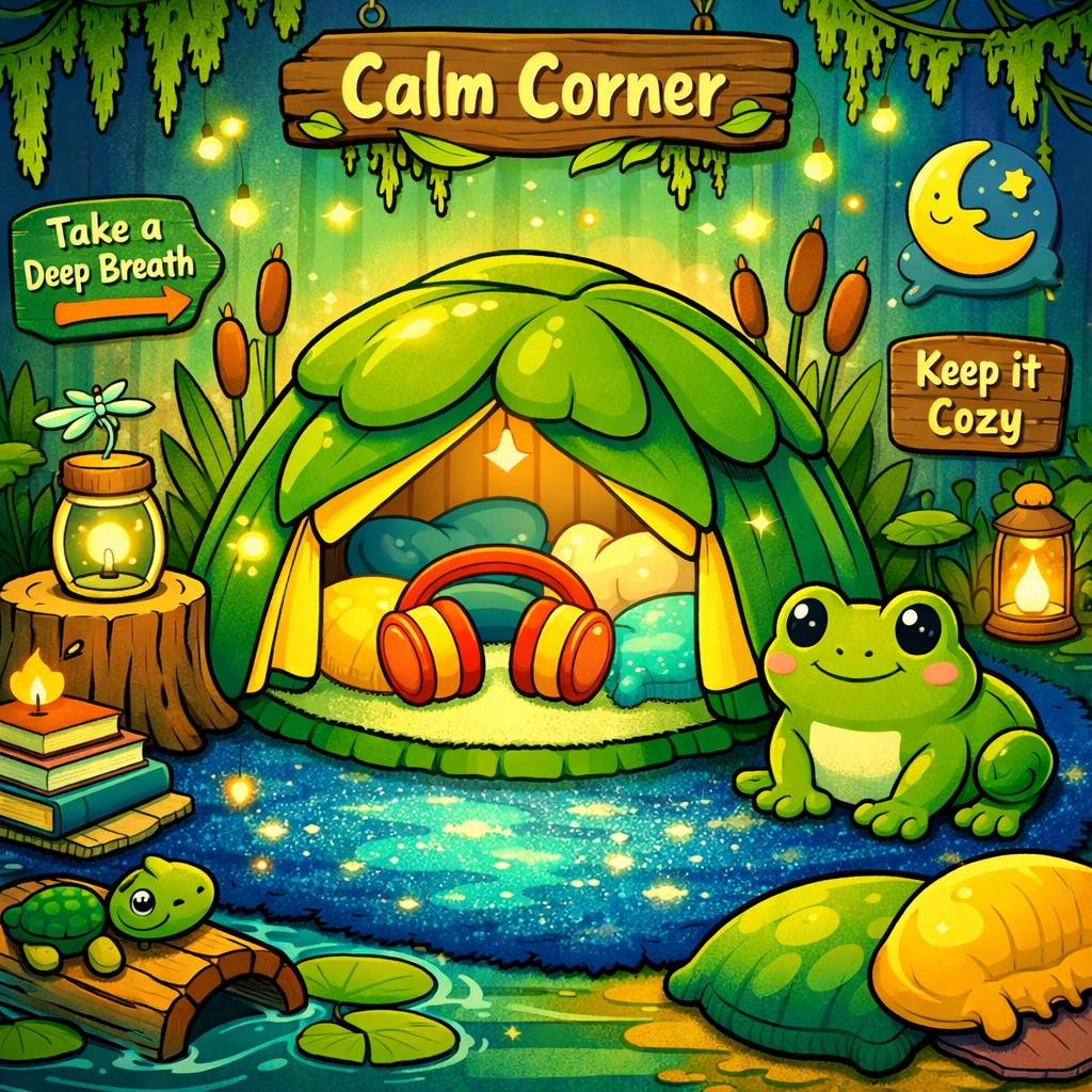 Illustration of a sensory-friendly calm corner with a lily pad tent to support a child's unique needs.