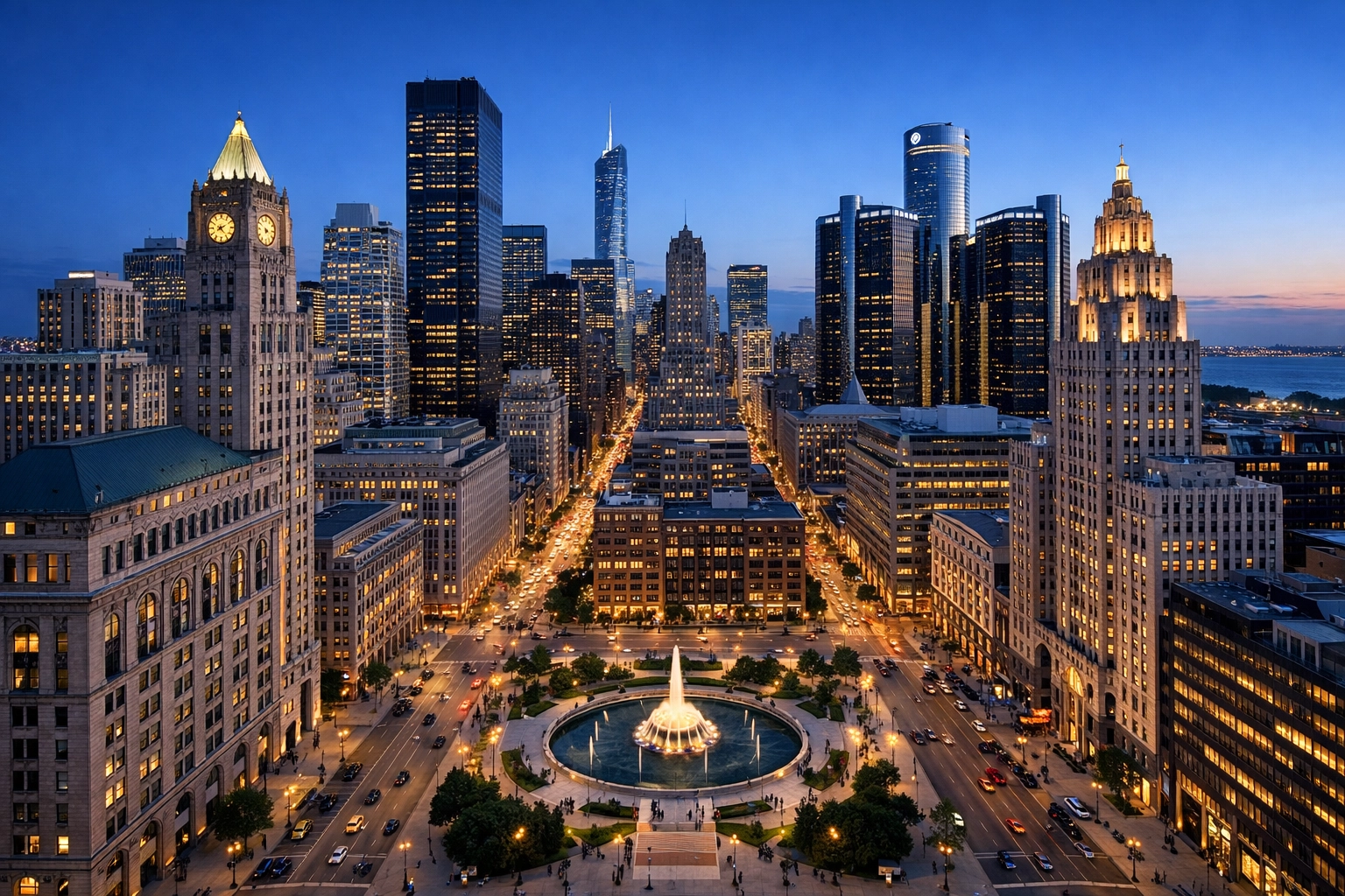 Midwestern city skyline representing Chicago and Detroit metropolitan office districts.