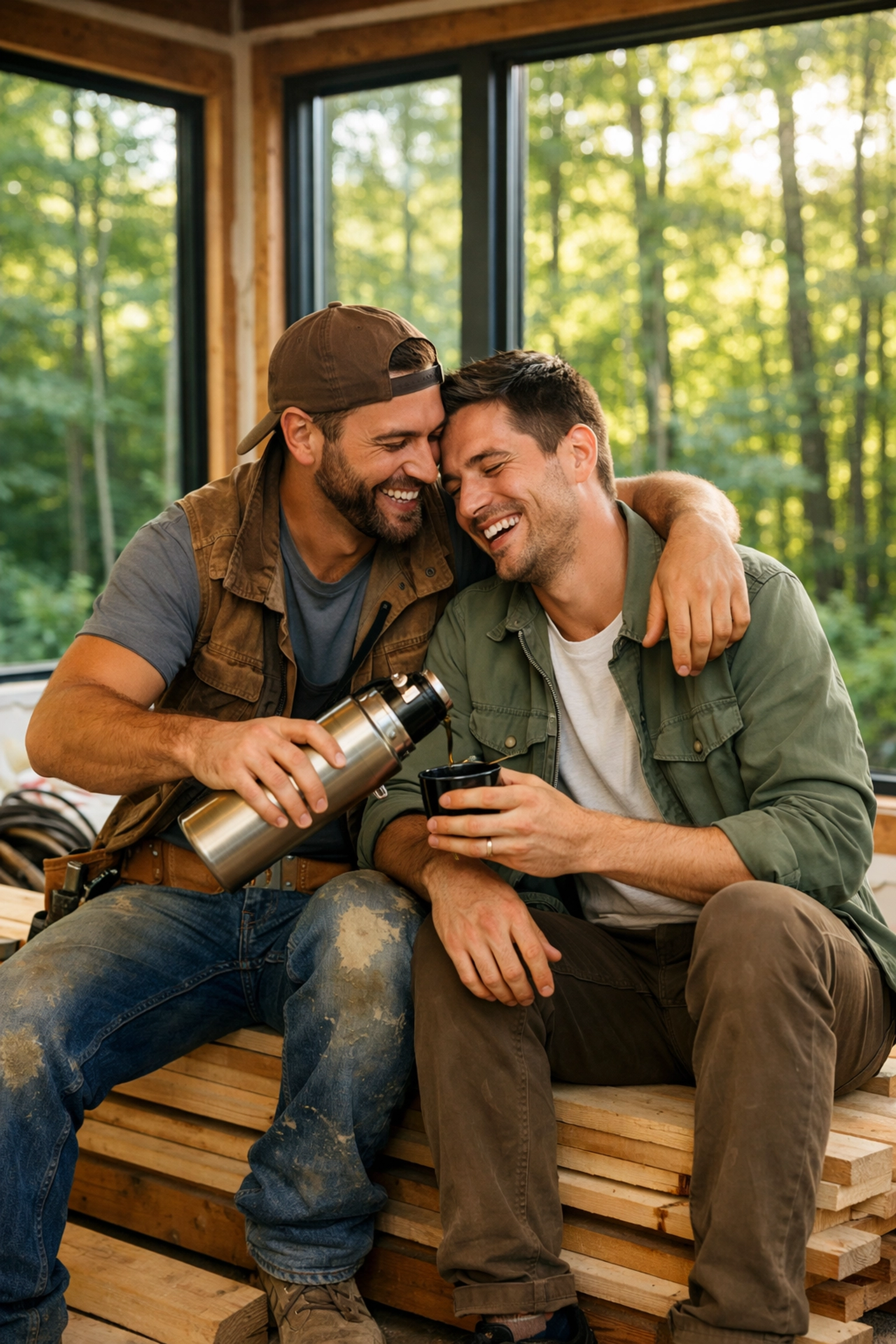 A gay couple relaxing on lumber during a home renovation in a heartfelt contemporary MM romance.