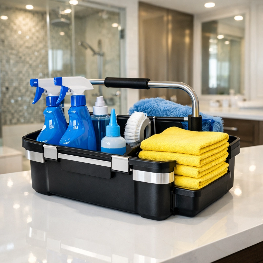 Organized professional cleaning tools on a high-gloss countertop in a sparkling bathroom.