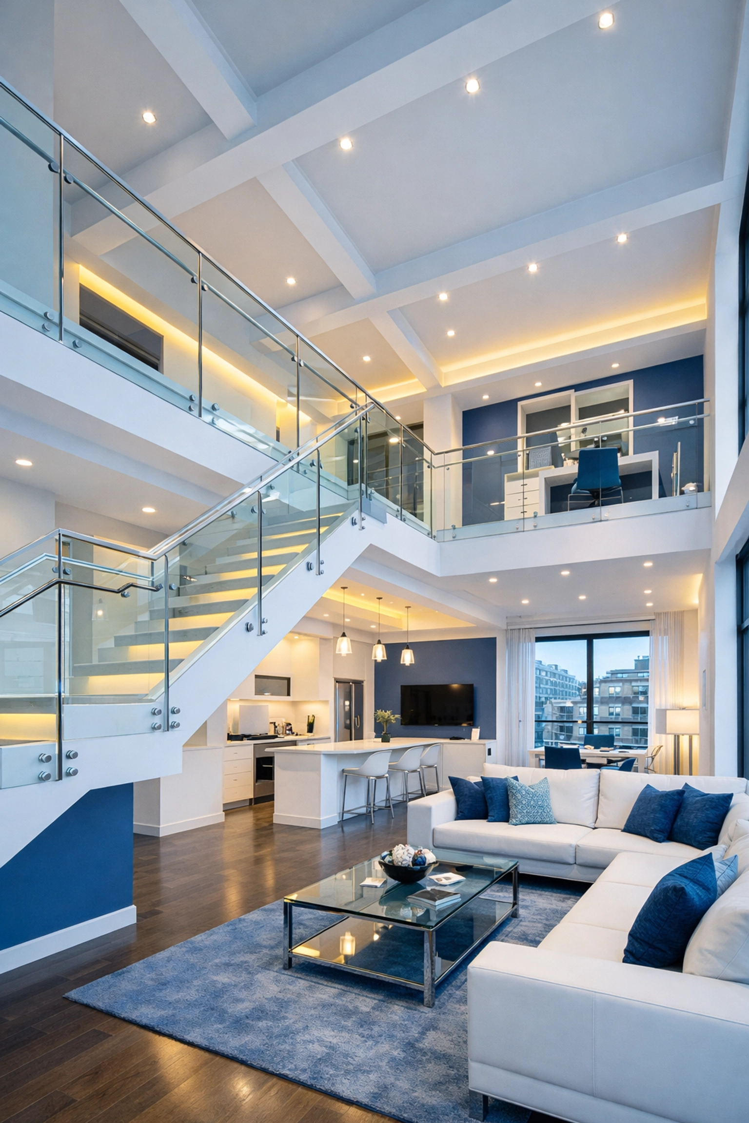 Top-to-bottom deep cleaning in Cambridge loft featuring sparkling surfaces and glass railings.