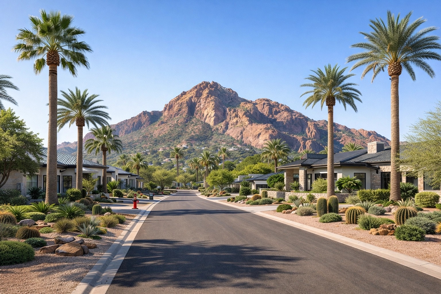 Luxury residential street in Arcadia/Phoenix with Camelback Mountain in the background (Arizona real estate, 2026).